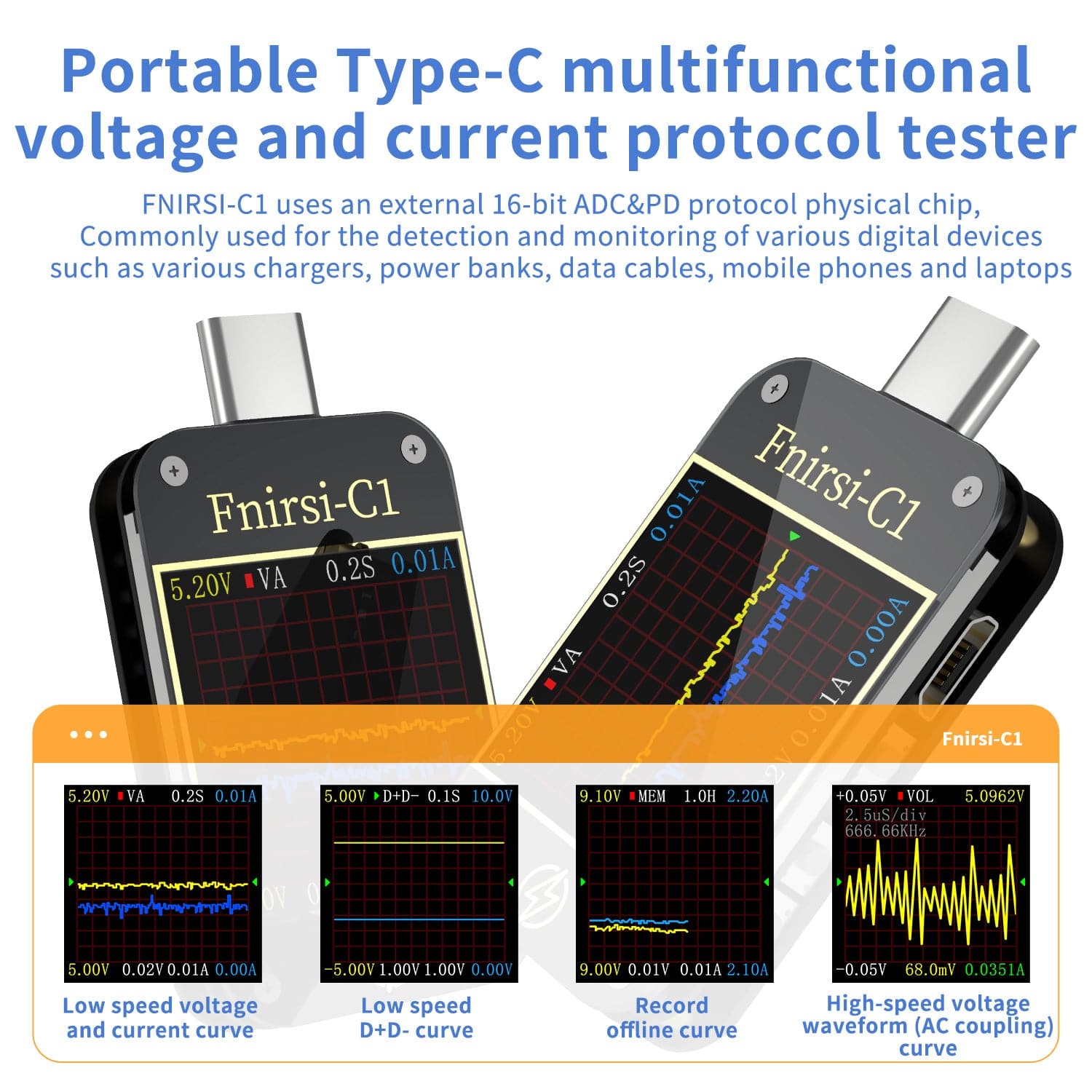 FNIRSI® C1 Tipo-C PD Trigger USB-C Voltmeter Ammeter Tester di Protocollo di Ricarica Veloce
