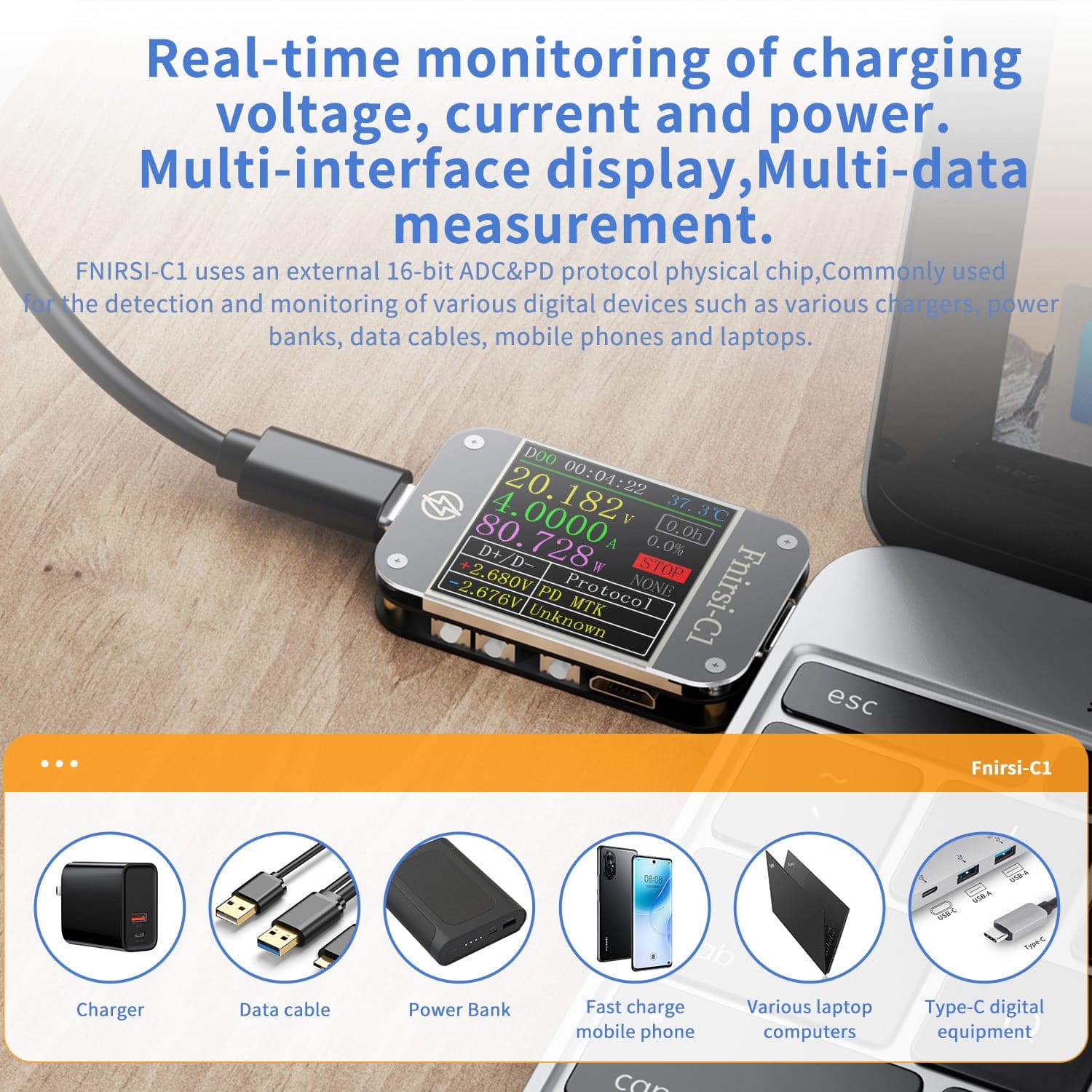 FNIRSI® C1 Tipo-C PD Trigger USB-C Voltmeter Ammeter Tester di Protocollo di Ricarica Veloce
