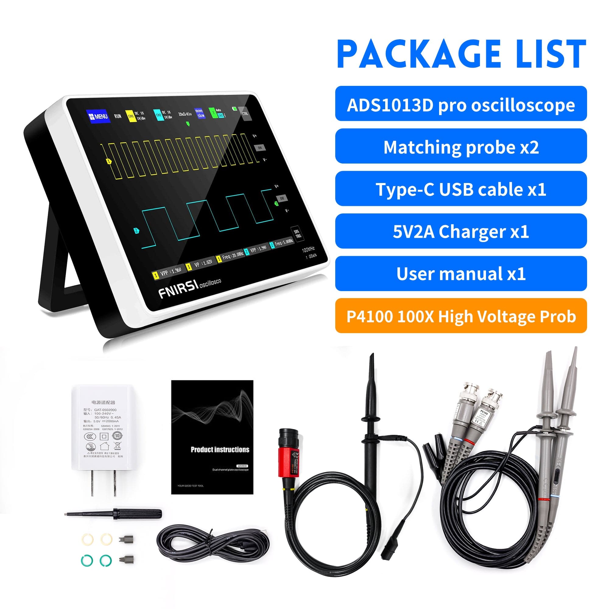 Osciloscopio FNIRSI® 1013D Tablet de Doble Canal 100MHz 1GS/s con Panel Táctil