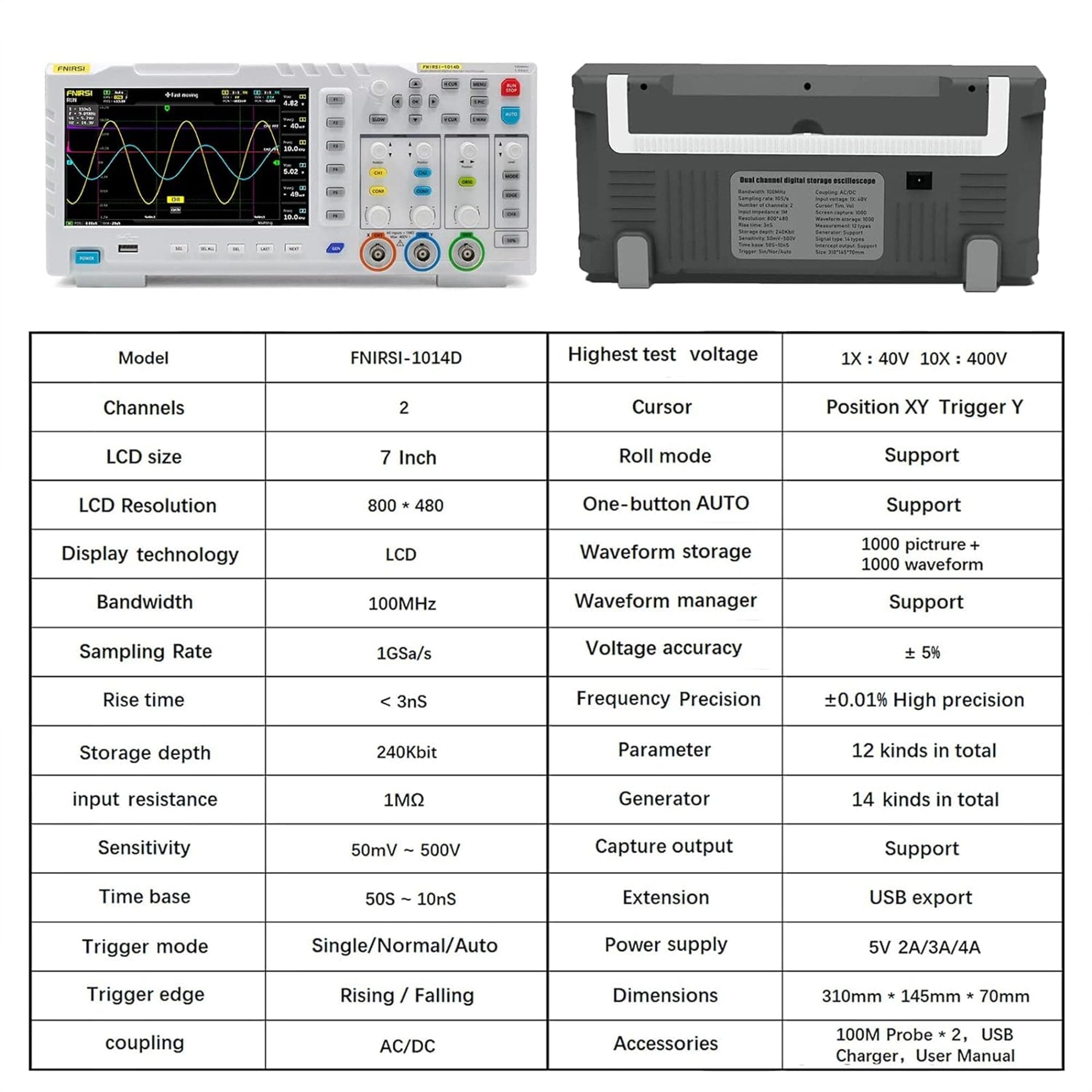 FNIRSI® 1014D 2-IN-1 Dual-Channel 100MHz 1GS/s Digitaloszilloskop Signalgenerator