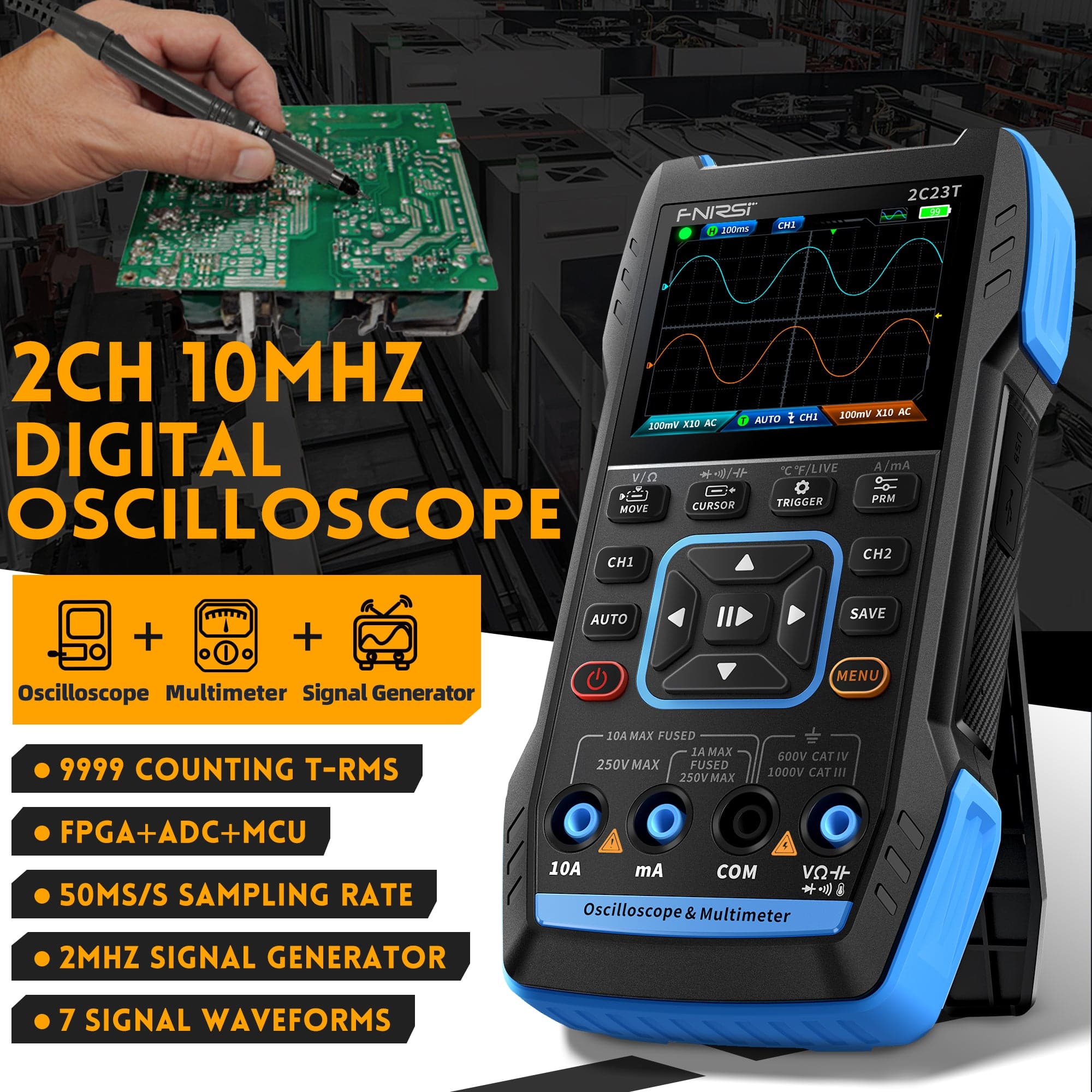 FNIRSI® 2C23T Tragbares Dual-Channel 3-in-1 10MHz 50MS/s Oszilloskop Multimeter DDS Funktionsgenerator