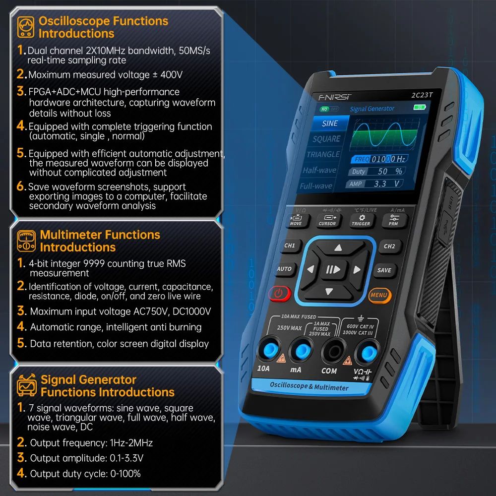 FNIRSI® 2C23T Tragbares Dual-Channel 3-in-1 10MHz 50MS/s Oszilloskop Multimeter DDS Funktionsgenerator
