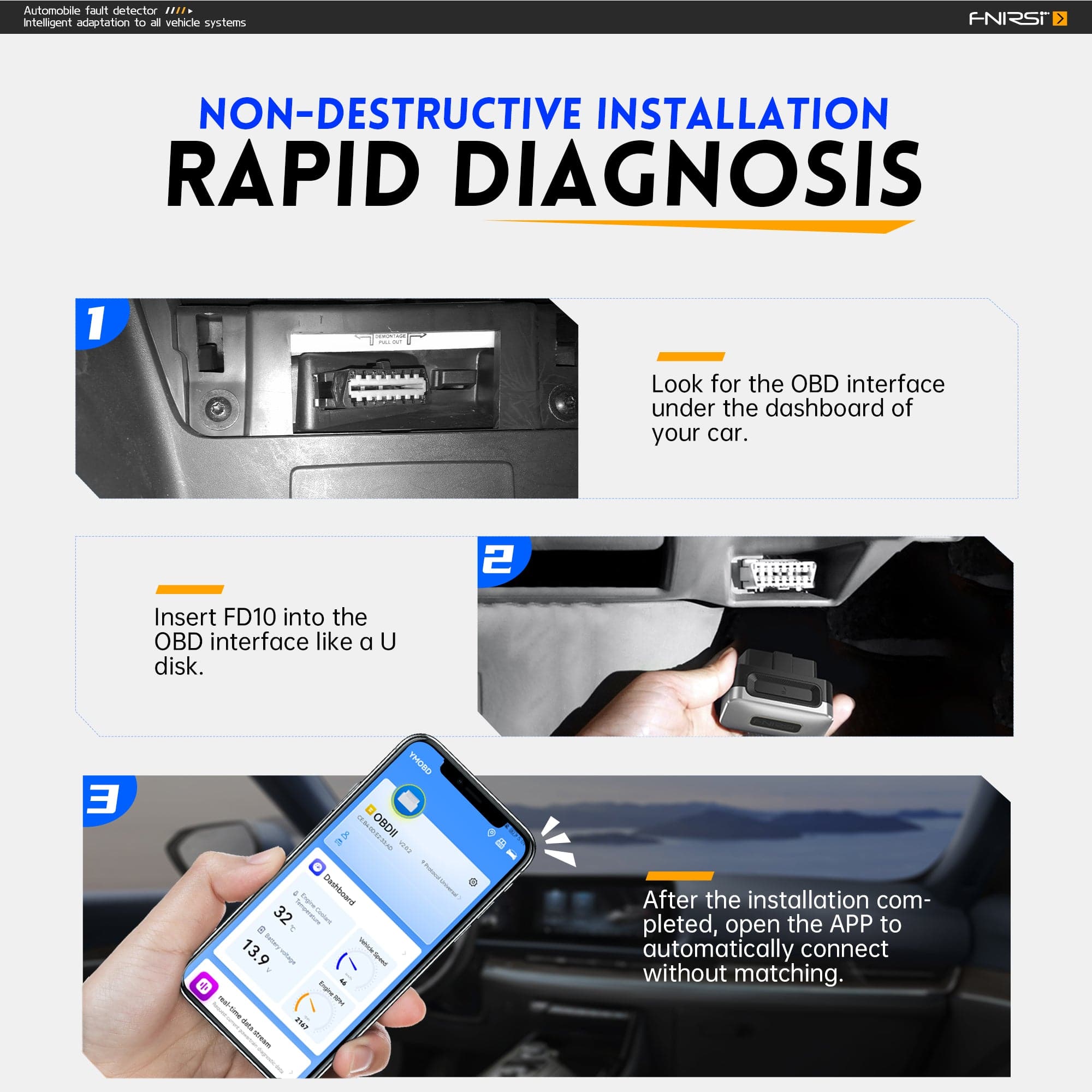 Scanner OBD2 FNIRSI® FD10 pour voiture, outil de diagnostic OBD pour effacer les erreurs