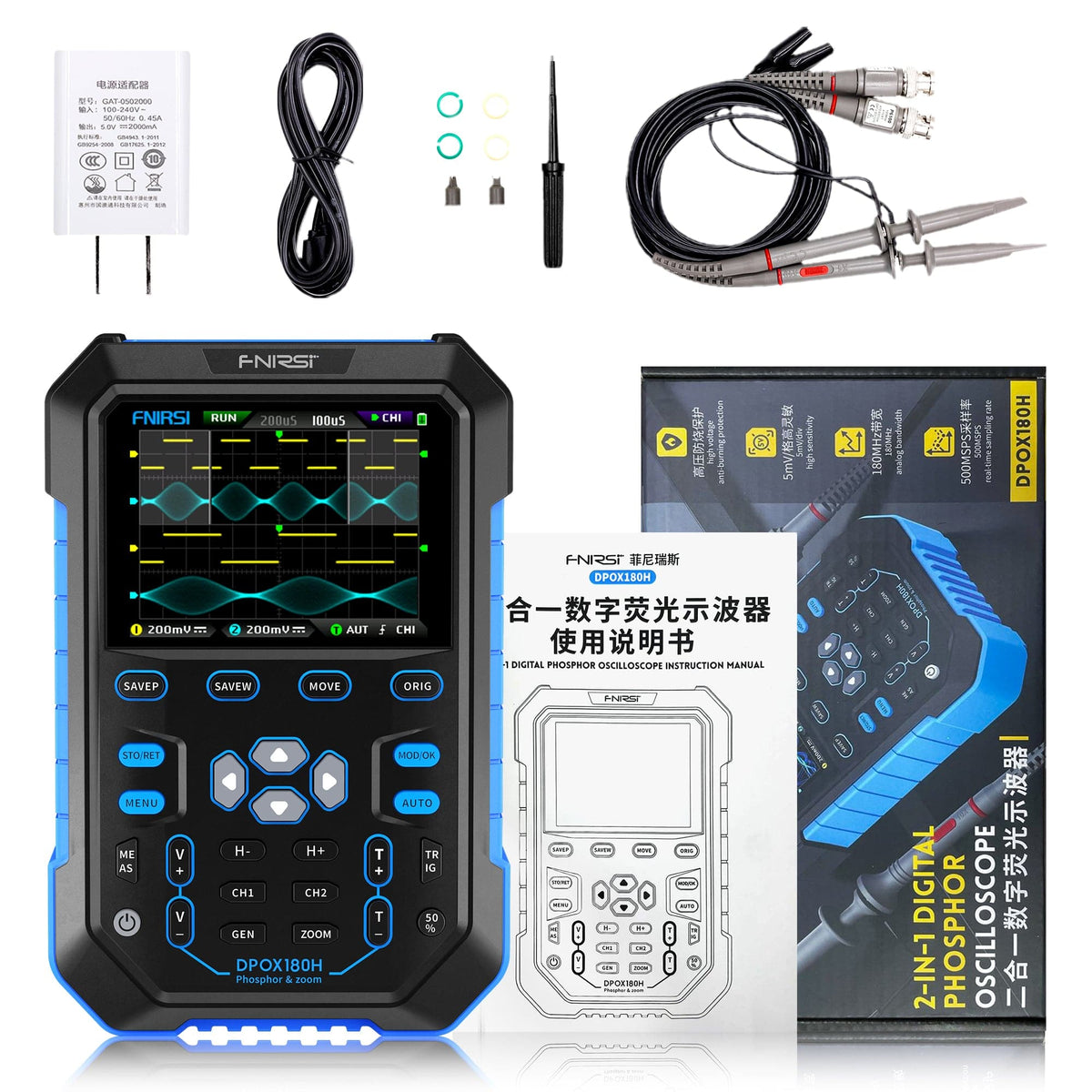FNIRSI® DPOX180H 2-IN-1 Dual-Channel 180MHz 500MS/s Digitaler Phosphor-Oszilloskop-Signalgenerator