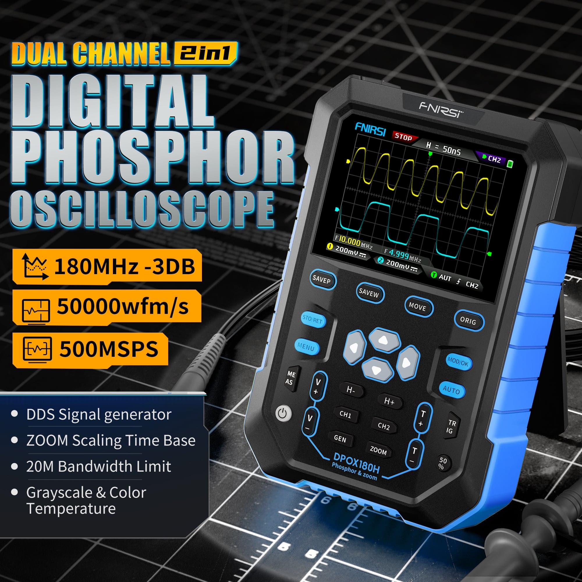 FNIRSI® DPOX180H 2-IN-1 Dual-Channel 180MHz 500MS/s Digitaler Phosphor-Oszilloskop-Signalgenerator