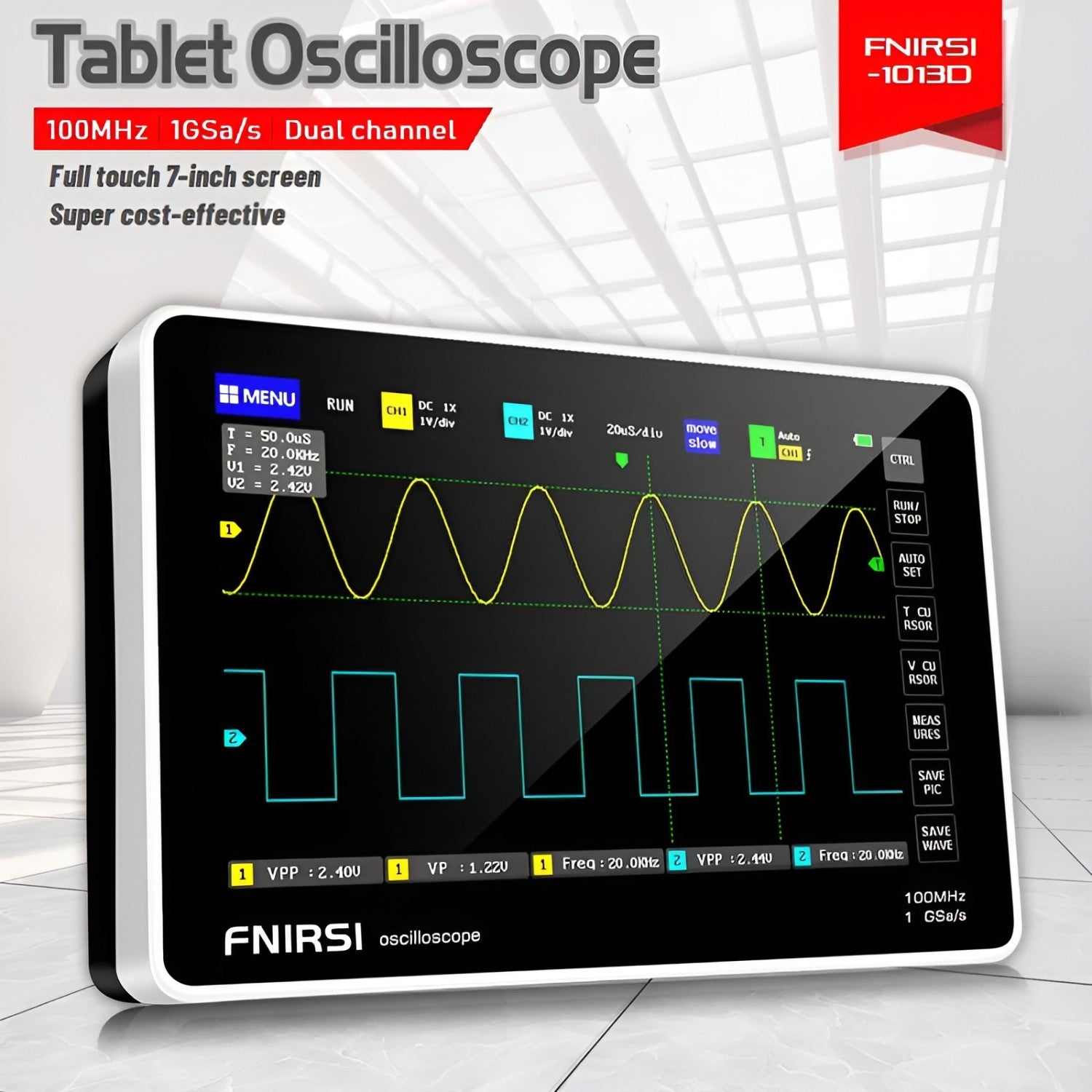 Osciloscopio FNIRSI® 1013D Tablet de Doble Canal 100MHz 1GS/s con Panel Táctil
