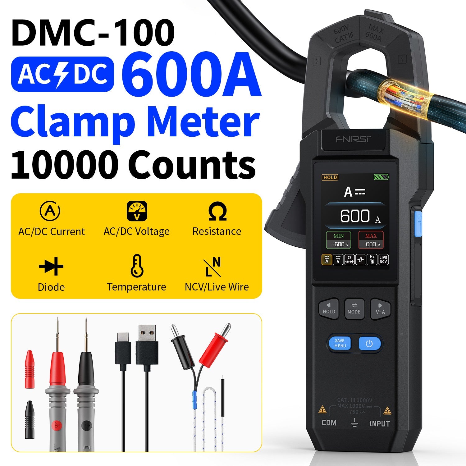 FNIRSI® DMC-100 Medidor de Pinza de Corriente y Voltaje DC AC Multímetro Digital