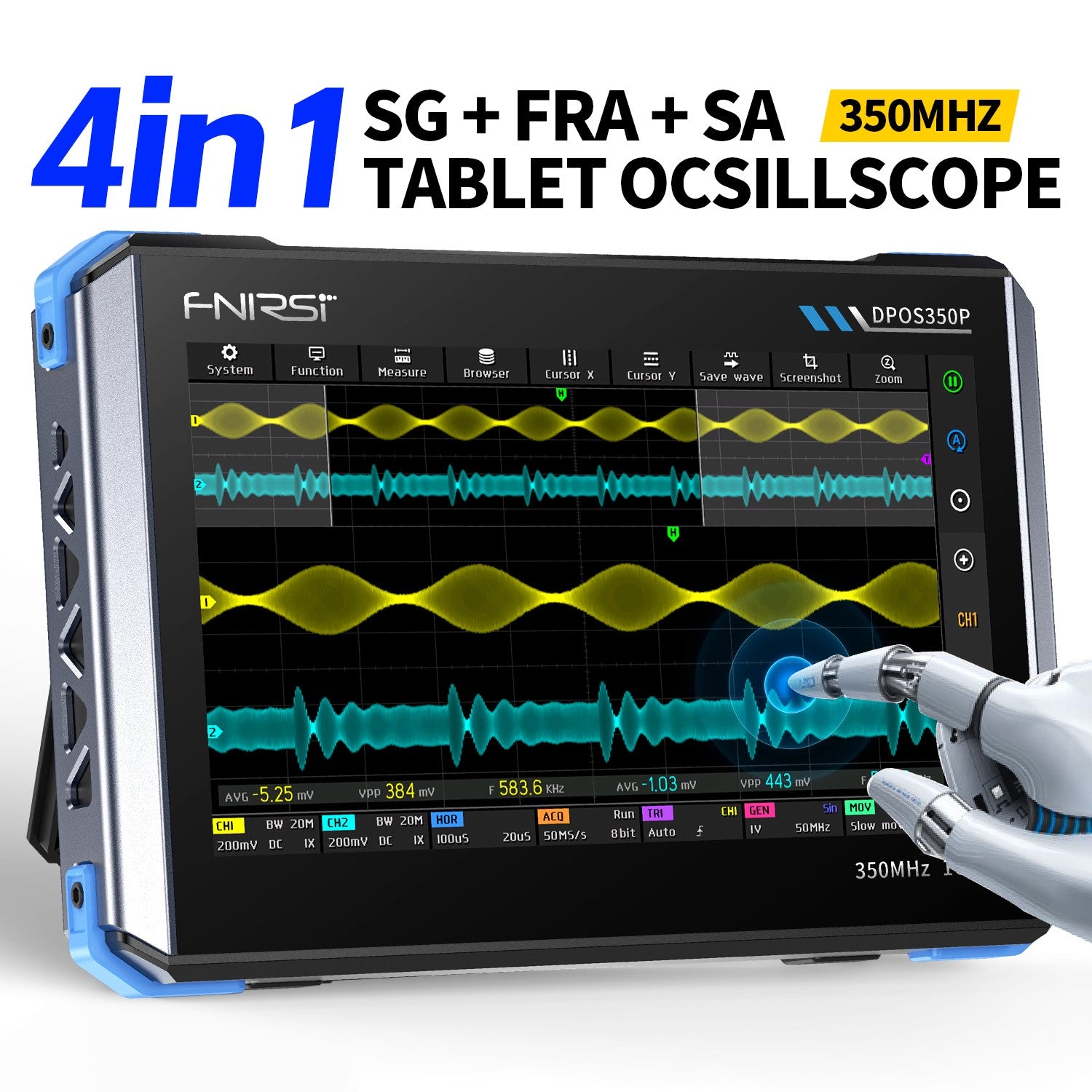 FNIRSI® DPOS350P 4-IN-1 350MHz 1GSPS Tablet-Oszilloskop Signalgenerator Spektrumanalysator Frequenzganganalysator