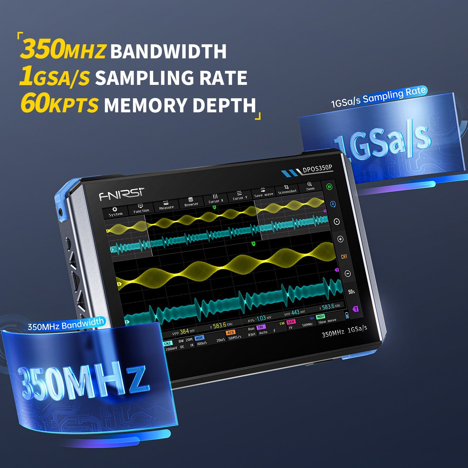 FNIRSI® DPOS350P 4-IN-1 350MHz 1GSPS Tablet-Oszilloskop Signalgenerator Spektrumanalysator Frequenzganganalysator
