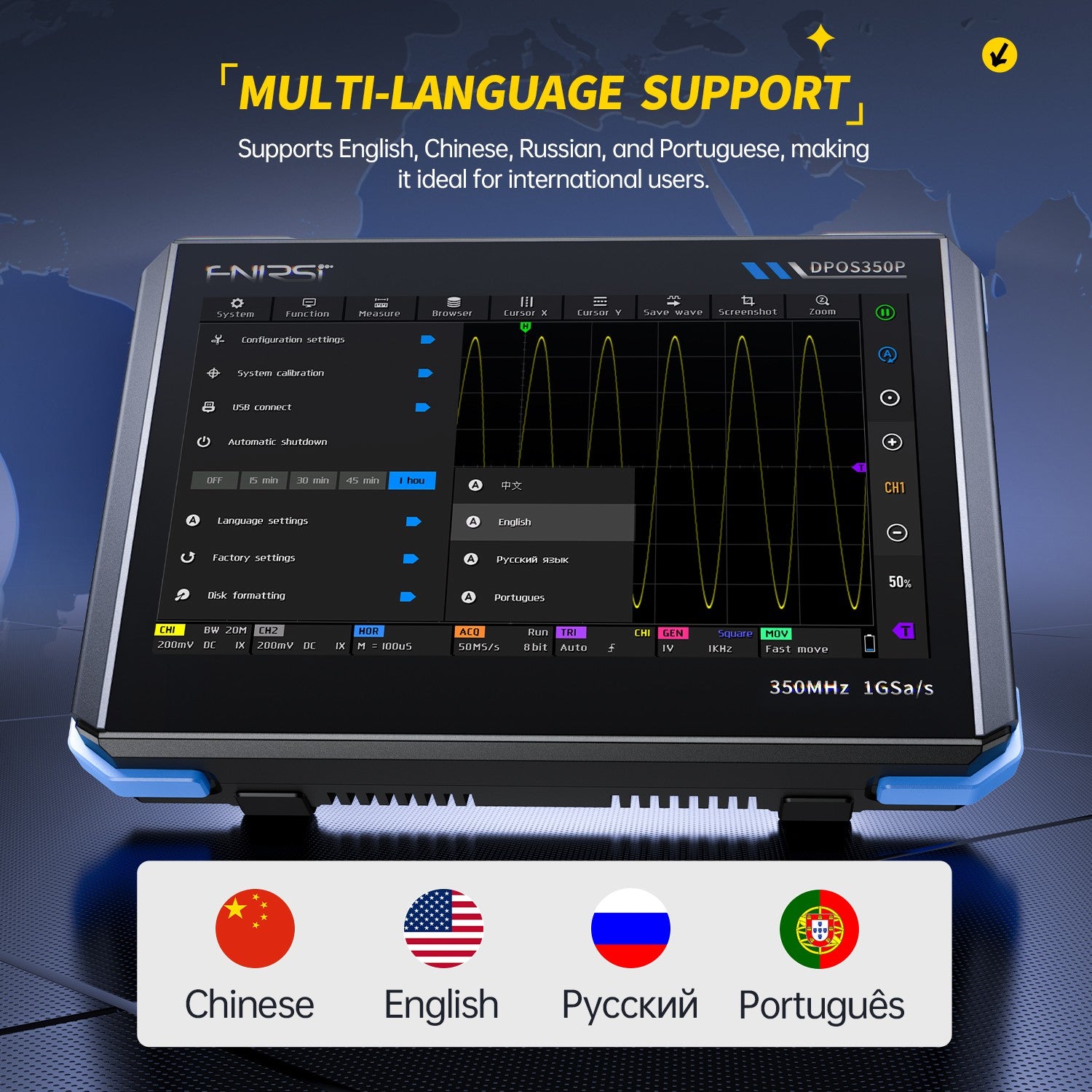 FNIRSI® DPOS350P 4-IN-1 350MHz 1GSPS Tablet-Oszilloskop Signalgenerator Spektrumanalysator Frequenzganganalysator