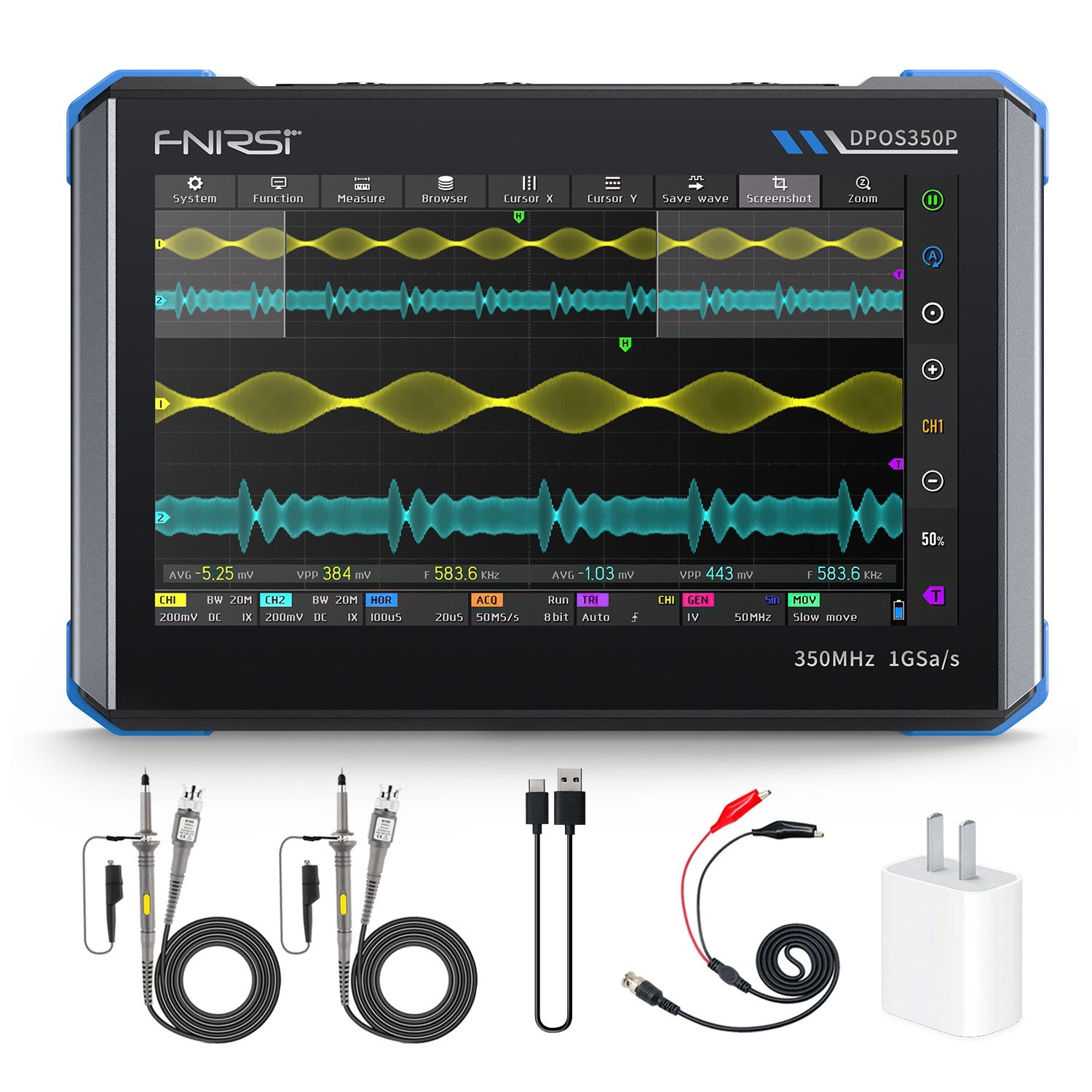 FNIRSI® DPOS350P 4-IN-1 350MHz 1GSPS Tablet-Oszilloskop Signalgenerator Spektrumanalysator Frequenzganganalysator
