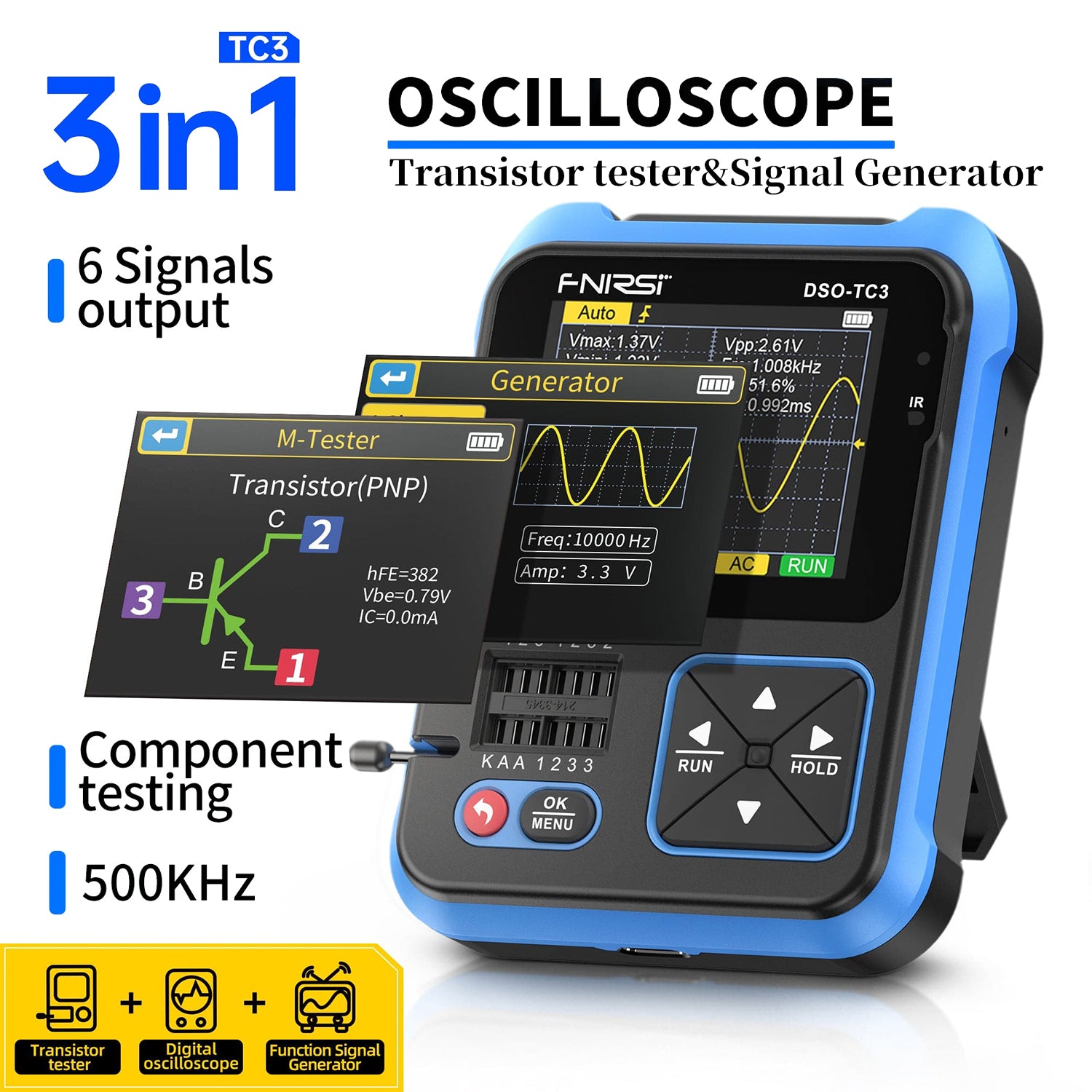 FNIRSI® DSO-TC3 3-IN-1 Handheld 500KHz 10MS/s Digitale Oszilloskope Signalgenerator Transistortester