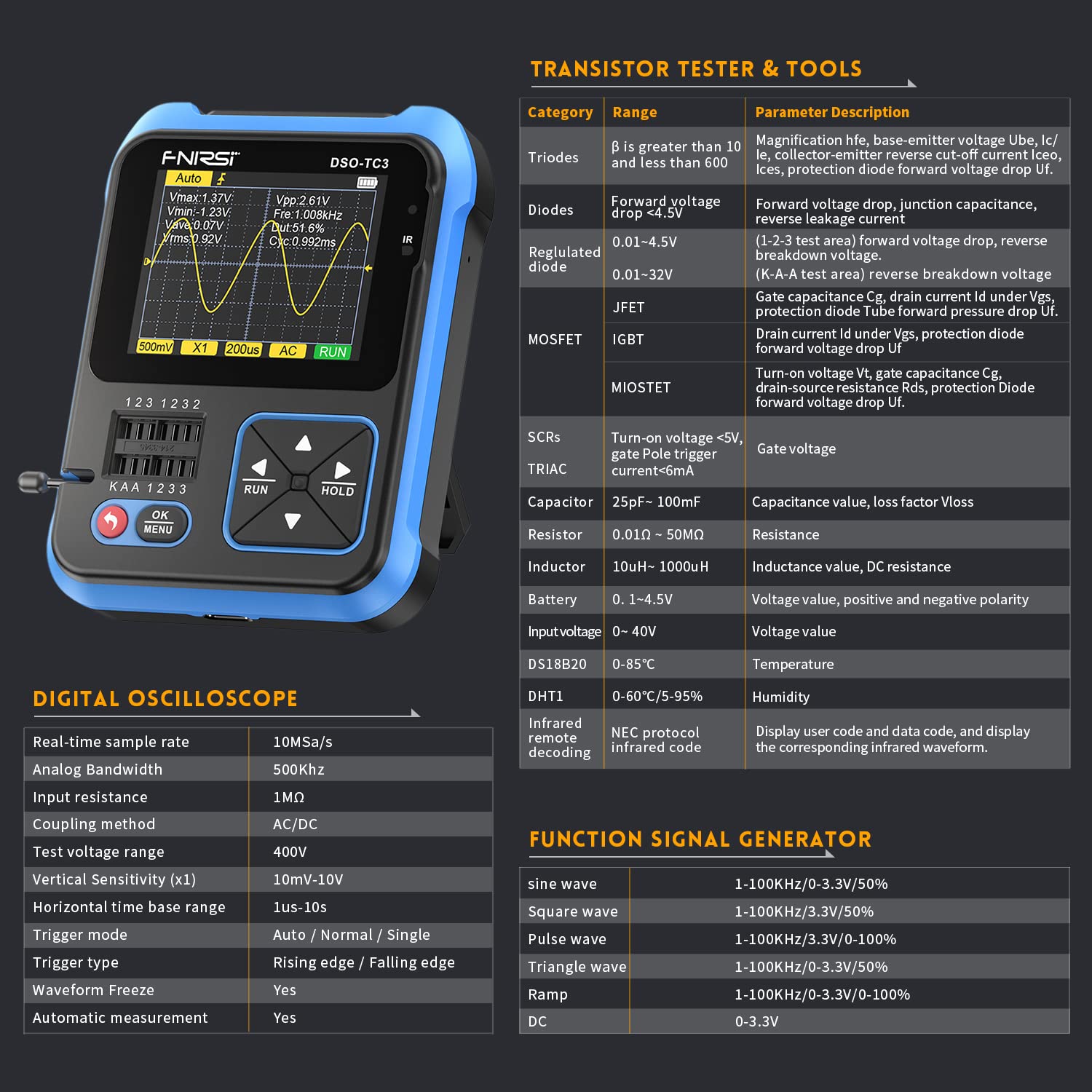 FNIRSI® DSO-TC3 3-IN-1 Handheld 500KHz 10MS/s Digitale Oszilloskope Signalgenerator Transistortester