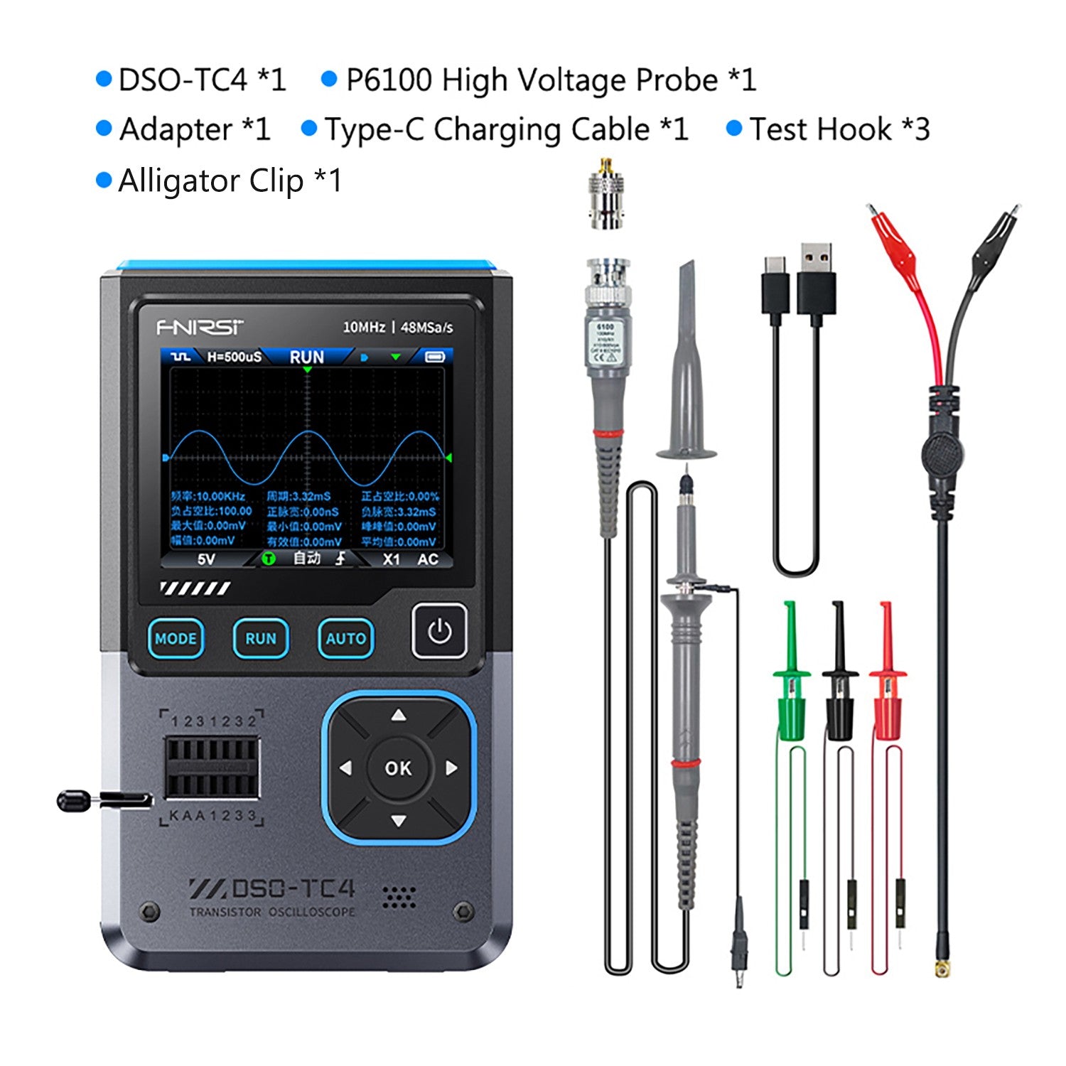 FNIRSI® DSO-TC4 3-IN-1 10MHz 48MSa/s Digitaloszilloskop Transistorprüfer Signalgenerator