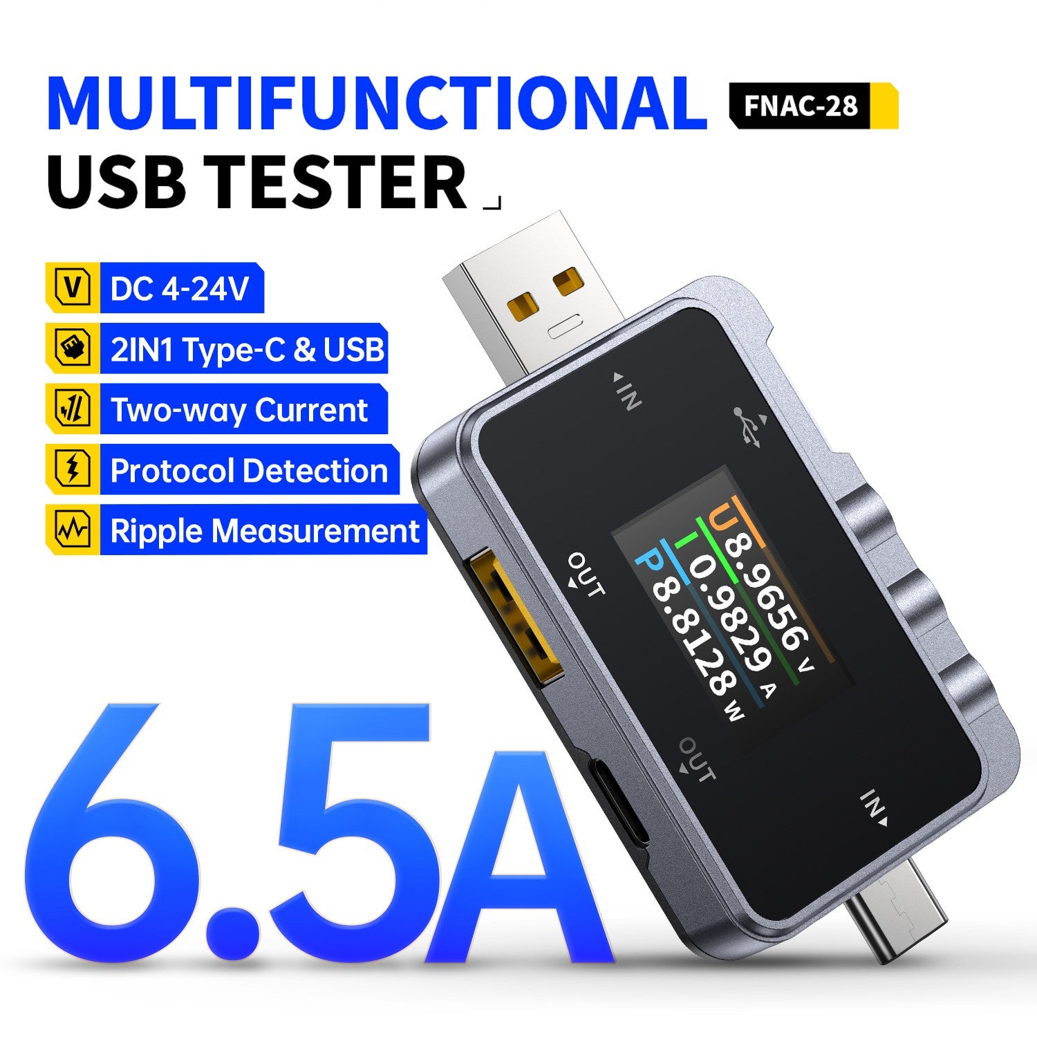 FNIRSI® FNAC-28 2-IN-1 Typ-C USB Tester Digitalvoltmeter Amperemeter Powerbank Ladegerät Messgerät
