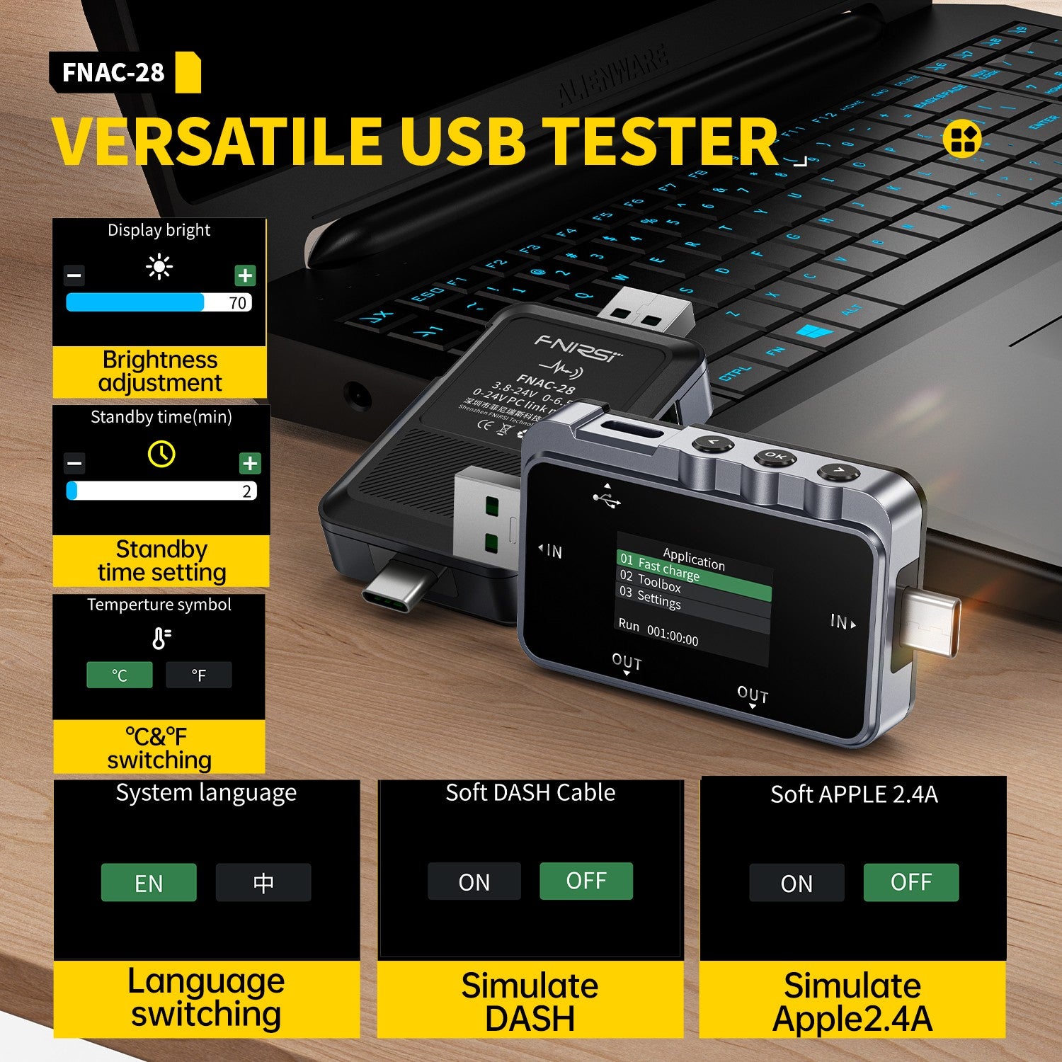 FNIRSI® FNAC-28 2-IN-1 Typ-C USB Tester Digitalvoltmeter Amperemeter Powerbank Ladegerät Messgerät