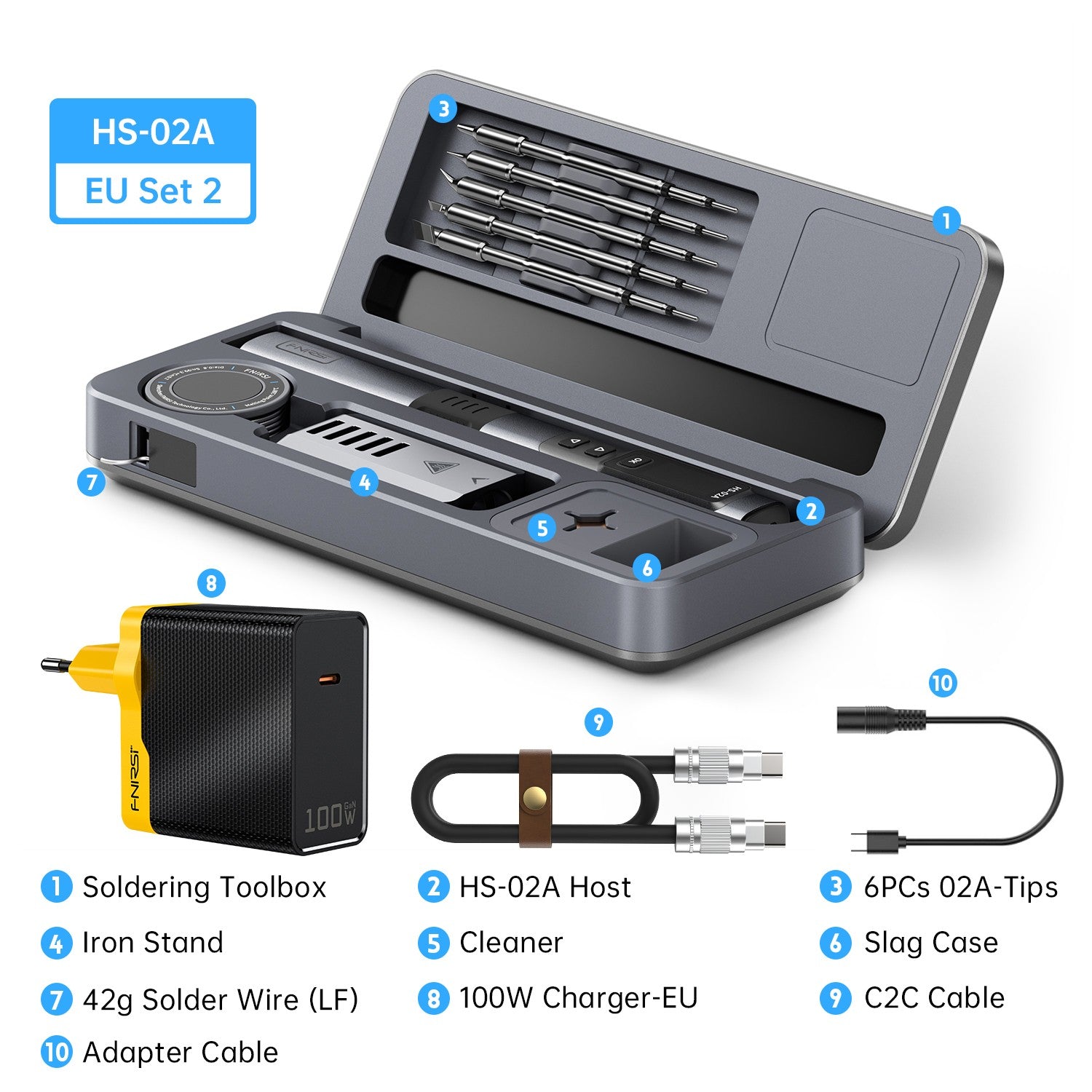 FNIRSI HS-02A Intelligent Soldering Iron 6 Tips with Portable Soldering Toolbox and 100W Adapter EU Plug