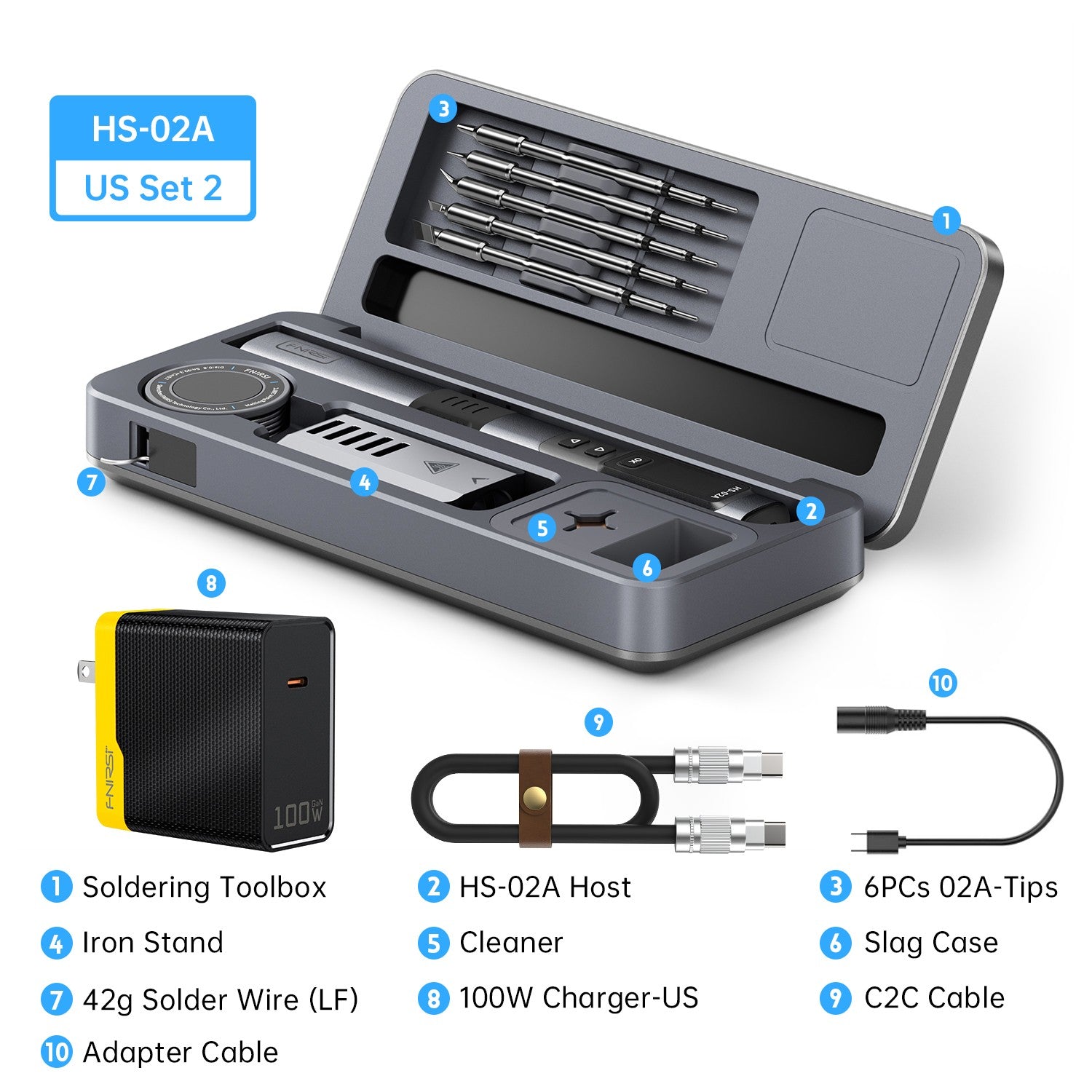 FNIRSI HS-02A Intelligent Soldering Iron 6 Tips with Portable Soldering Toolbox and 100W Adapter US Plug