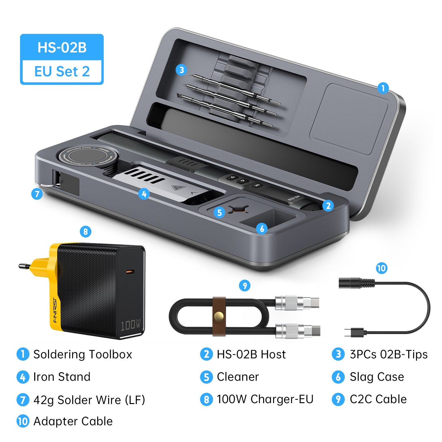 FNIRSI HS-02B Intelligent Soldering Iron 3 Tips with Portable Soldering Toolbox and 100W Adapter EU Plug