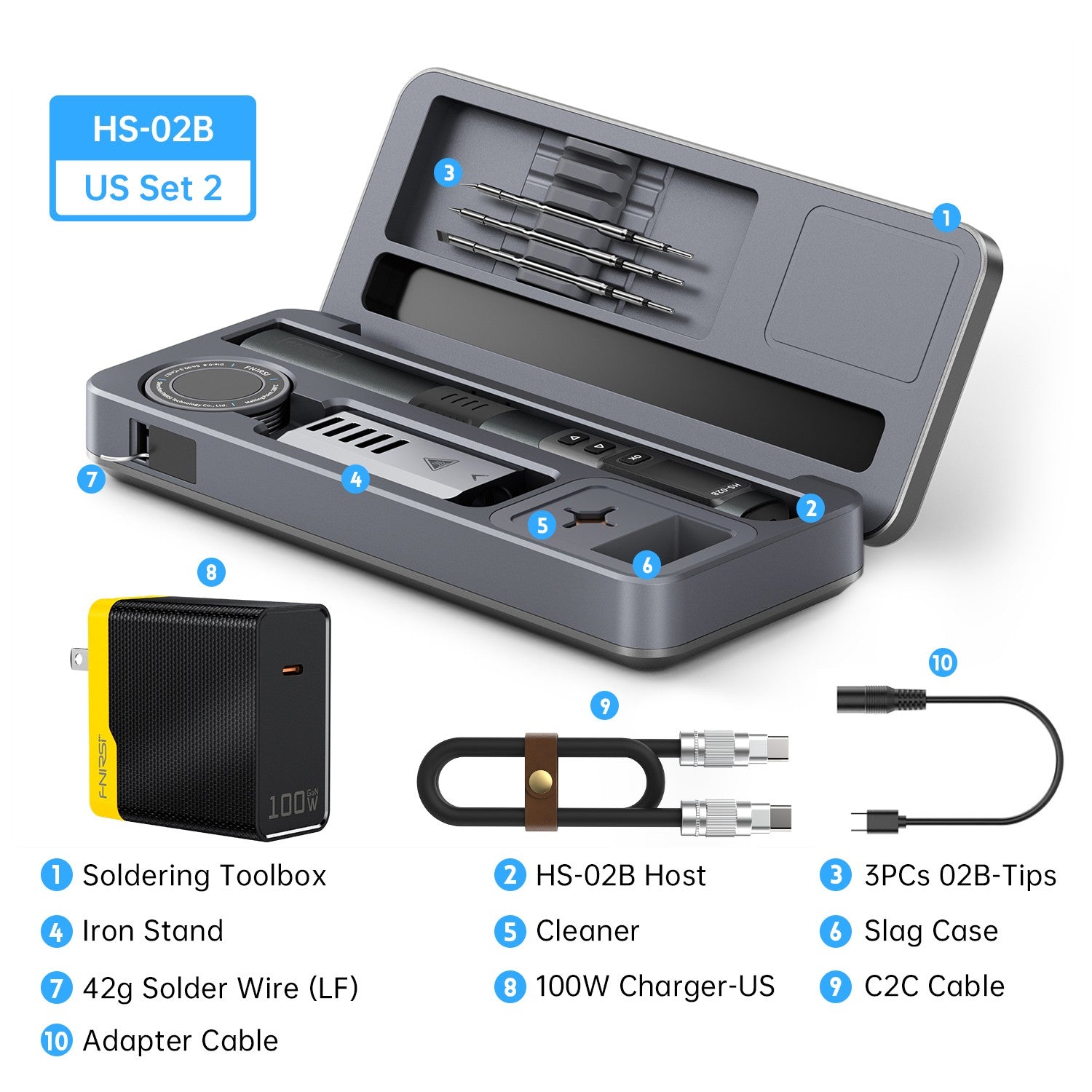 FNIRSI HS-02B Intelligent Soldering Iron 3 Tips with Portable Soldering Toolbox and 100W Adapter US Plug