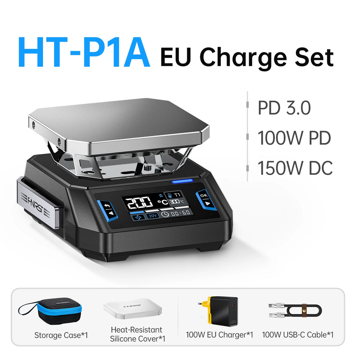 FNIRSI® HT-P1 Mini Piastra Riscaldante Stazione Doppia Modalità Reflow e Riscaldamento, 150W 100–350°C, DC/USB-C PD