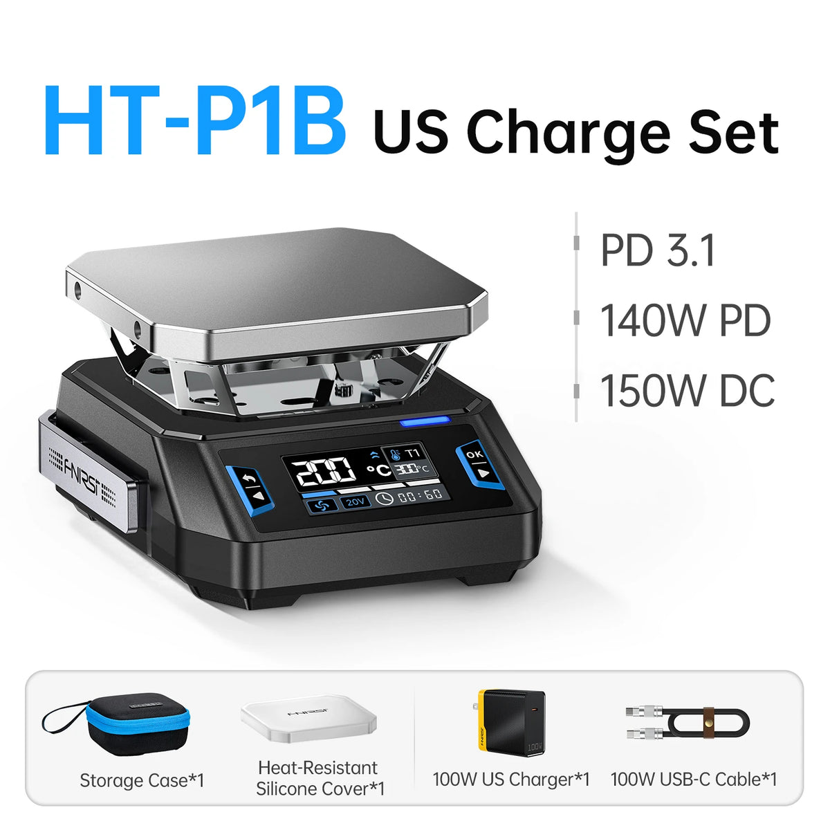 FNIRSI® HT-P1 Mini Piastra Riscaldante Stazione Doppia Modalità Reflow e Riscaldamento, 150W 100–350°C, DC/USB-C PD