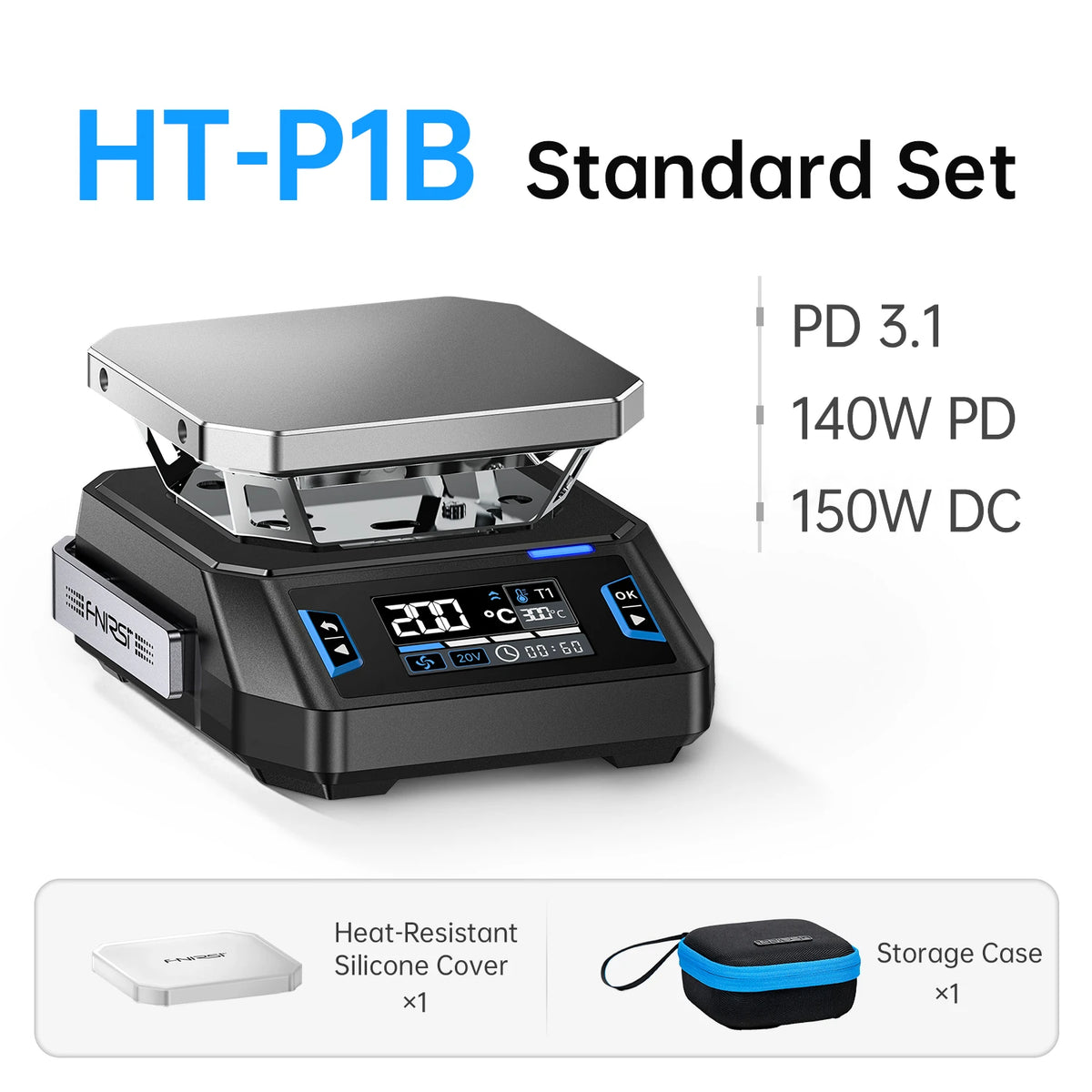 FNIRSI® HT-P1 Mini Piastra Riscaldante Stazione Doppia Modalità Reflow e Riscaldamento, 150W 100–350°C, DC/USB-C PD