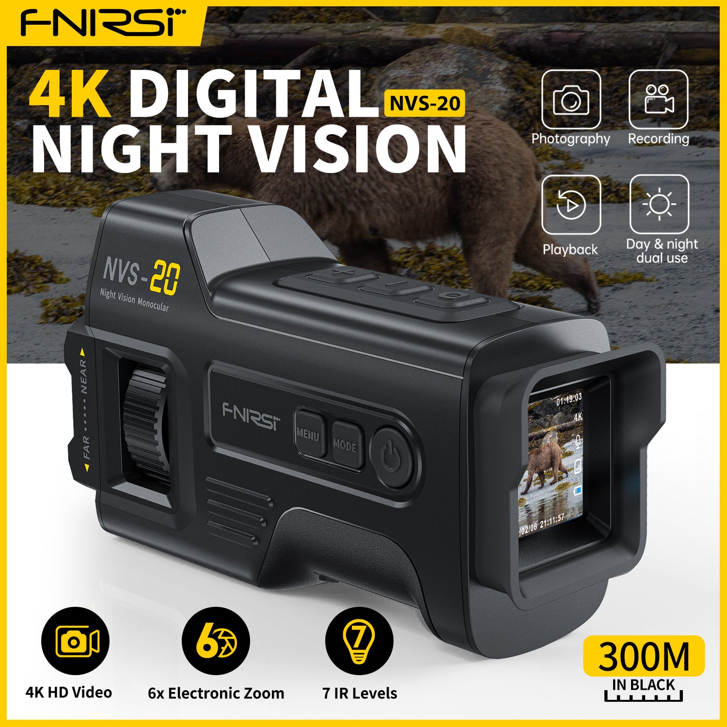 FNIRSI® NVS-20 Dispositivo di Visione Notturna Monoculare HD 4K Infrarosso Zoom Digitale 6x