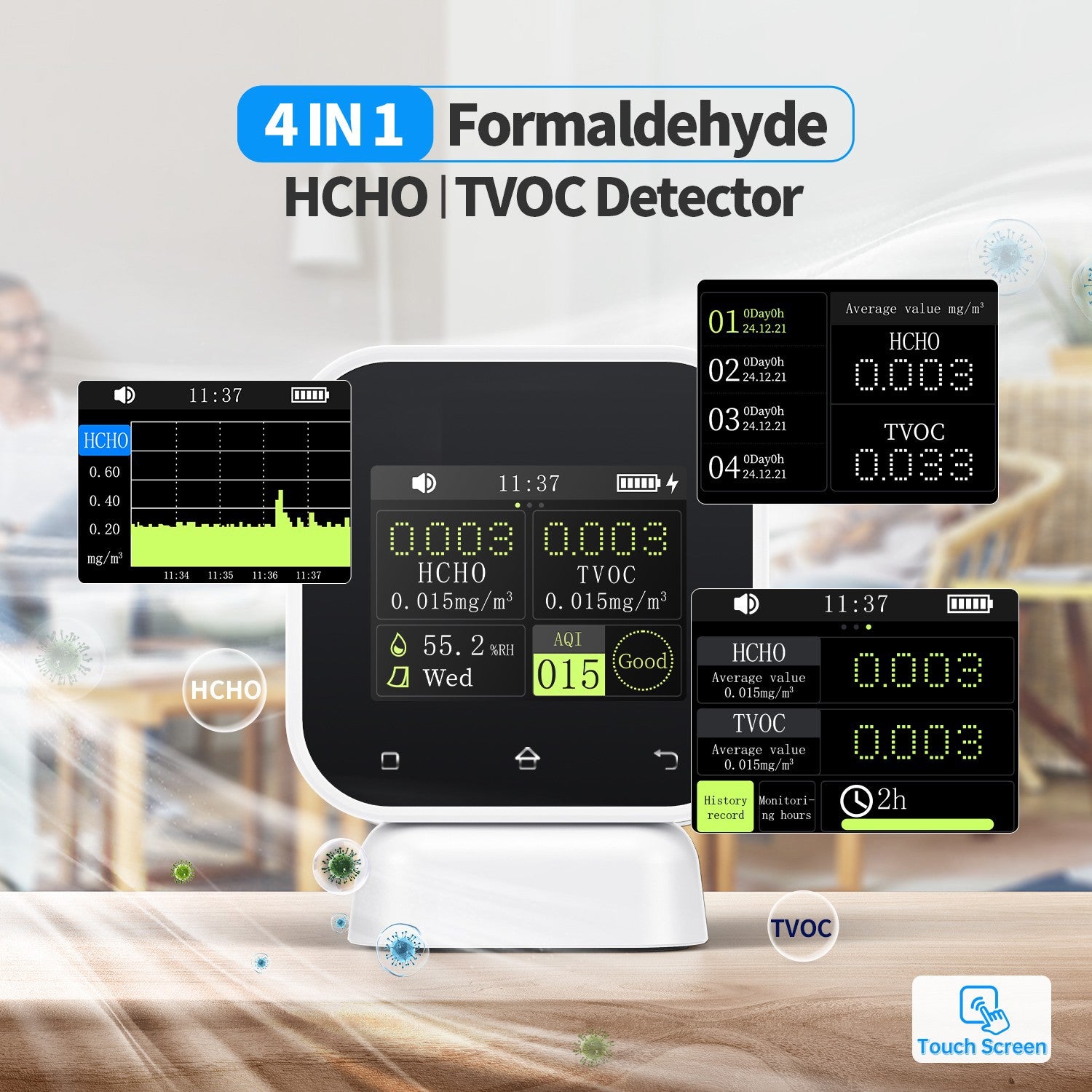 FNIRSI® SFD-02 4-IN-1 Indoor Air Quality Monitor Touchscreen Formaldehyde Detector HCHO TVOC Temperature Tester