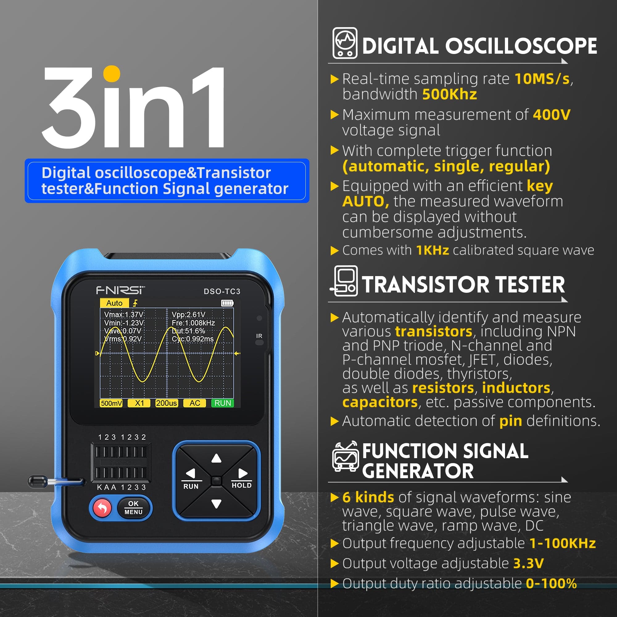 FNIRSI® DSO-TC3 3-en-1 Osciloscopios Digitales Portátiles 500KHz 10MS/s Generador de Señales Probador de Transistores