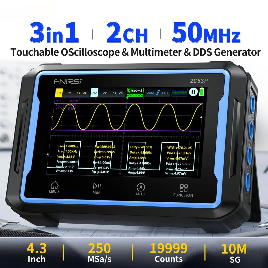 FNIRSI® 2C53T Handheld Dual Channel 3-in-1 50MHz 250MS/s Oscilloscope + Multimeter + DDS Signal Generator | RAM Electronics website