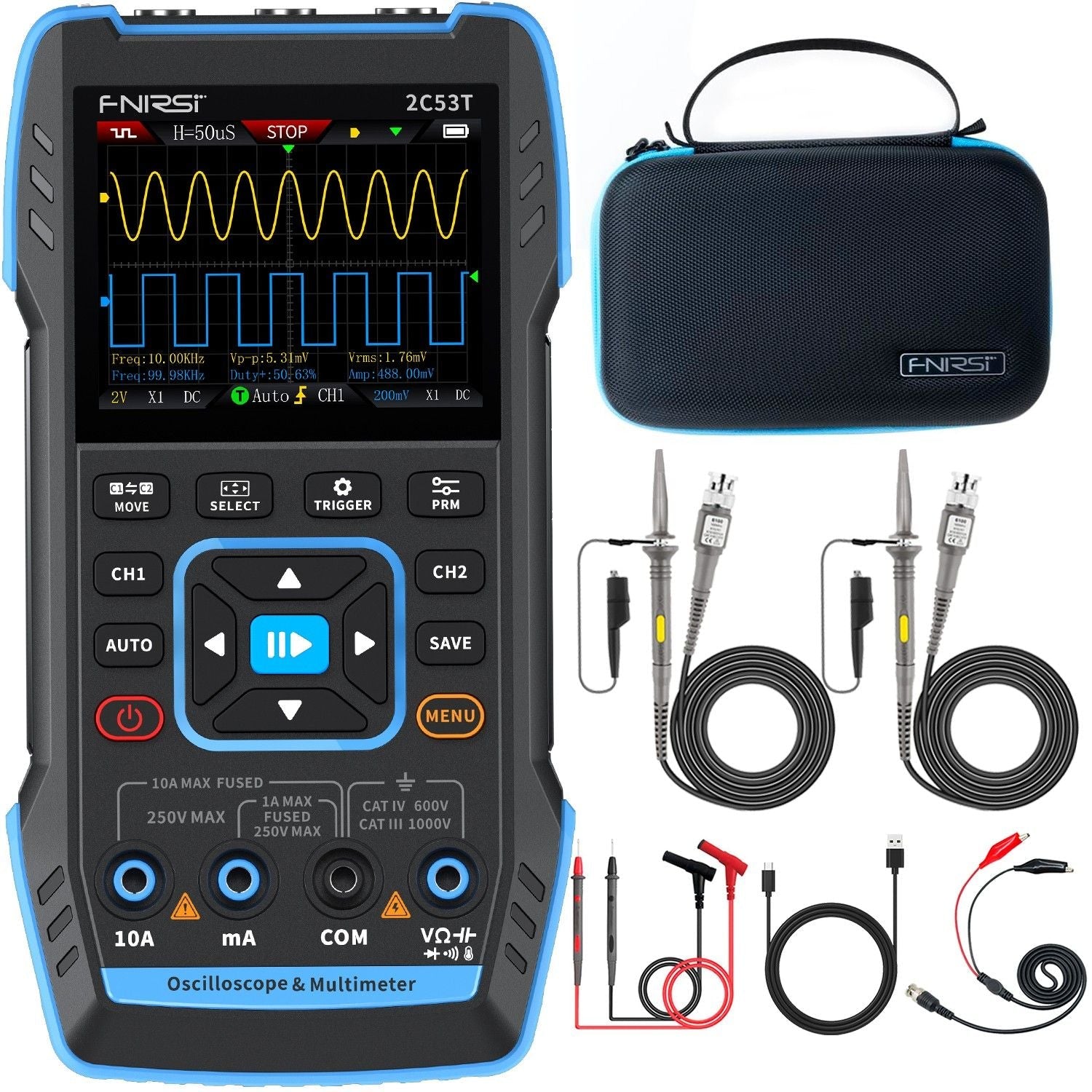 FNIRSI® 2C53T 50MHz 250MS/s Handheld 3in1 Oscilloscope Multimeter Signal Generator - FNIRSI