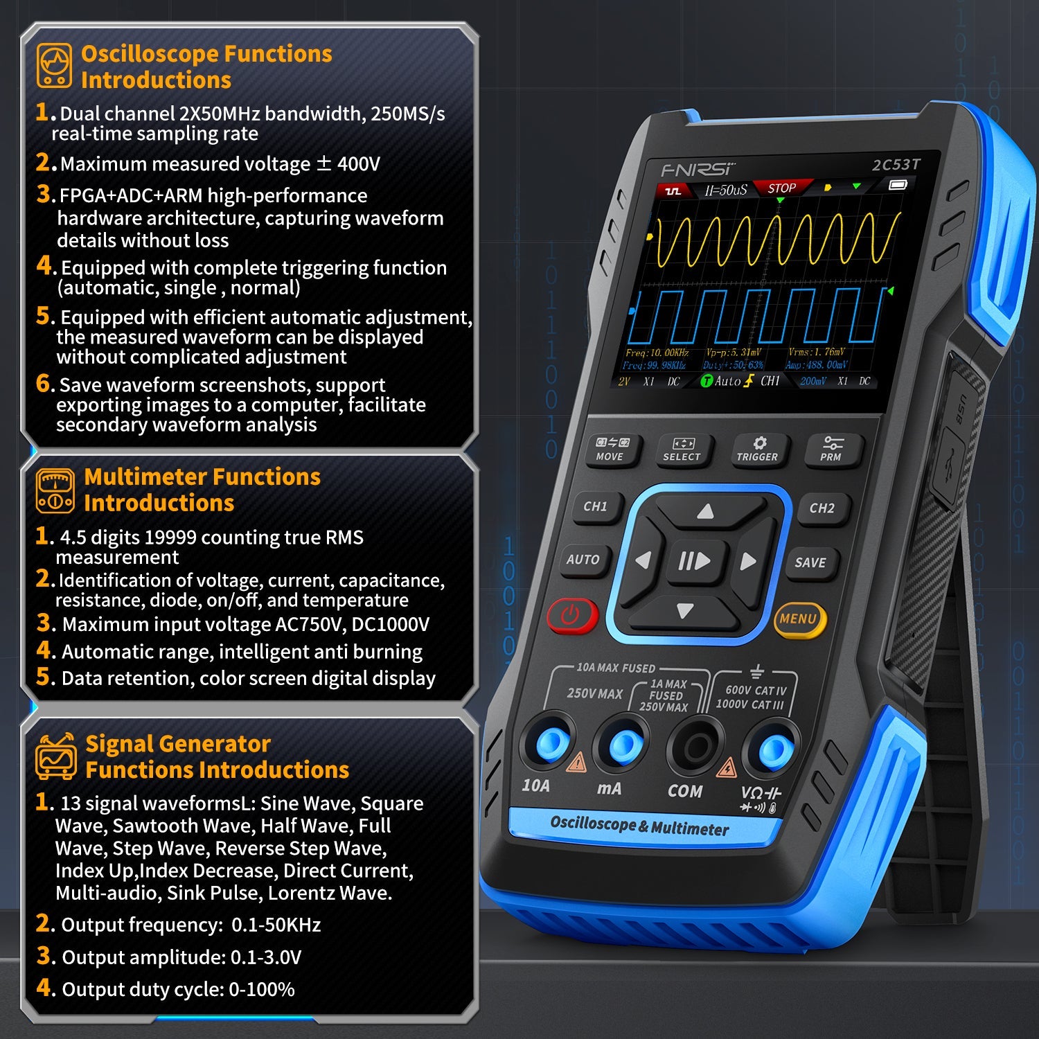 FNIRSI® 2C53T 50MHz 250MS/s Handheld 3in1 Oscilloscope Multimeter Signal Generator - FNIRSI