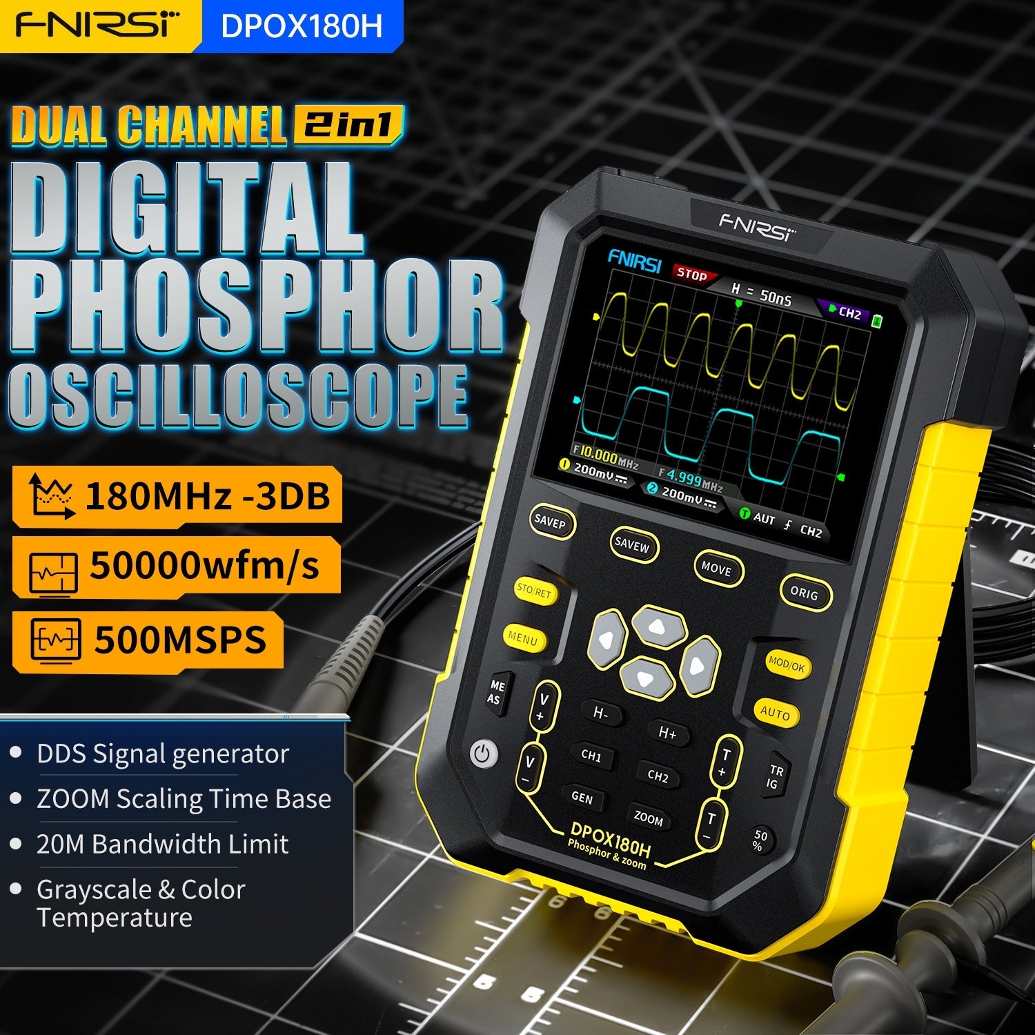 FNIRSI® DPOX180H 2 - IN - 1 Dual Channel 180MHz 500MS/s Digital Phosphor Oscilloscope Signal Generator - FNIRSI