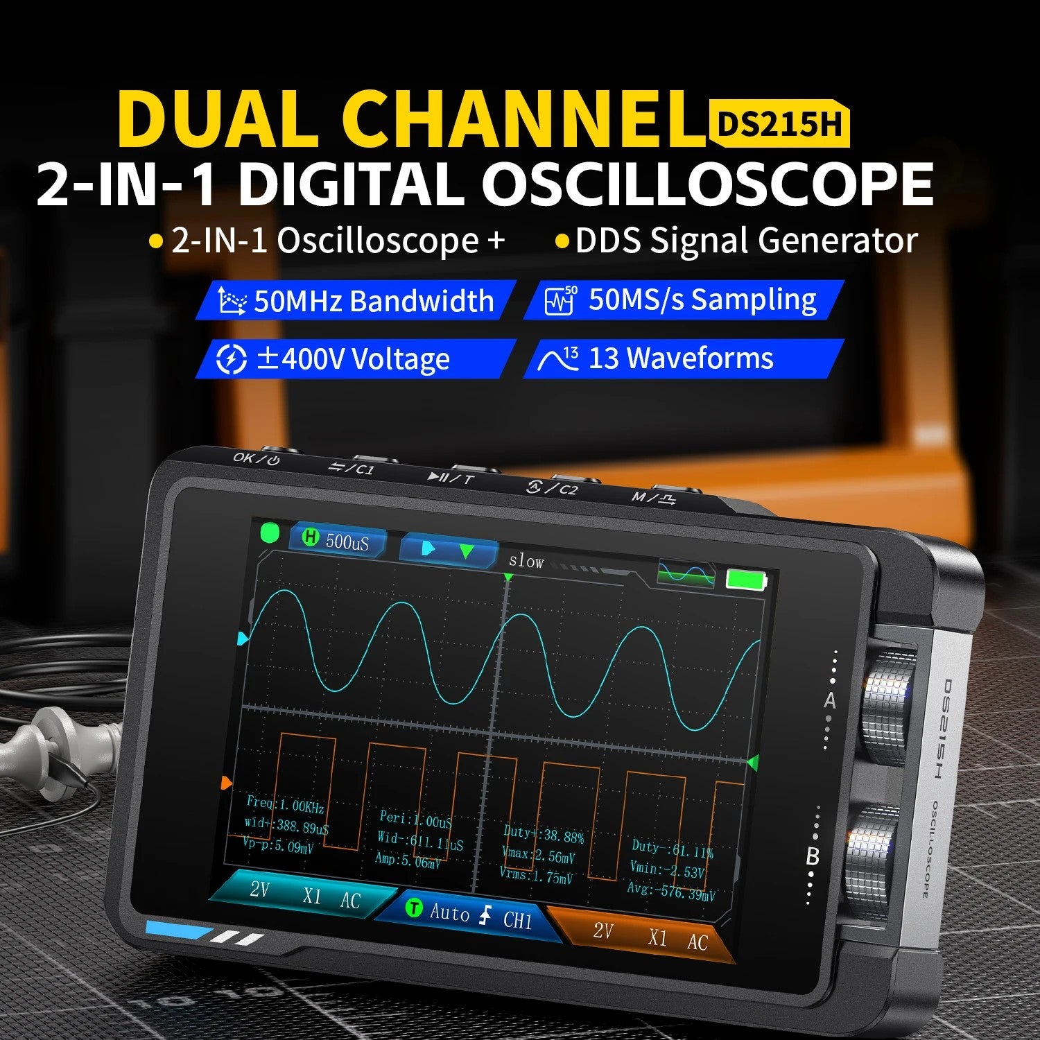 FNIRSI® DS215H 2 - IN - 1 50MHz 250MS/s Dual Channel Digital Oscilloscope DDS Function Singal Generator - FNIRSI