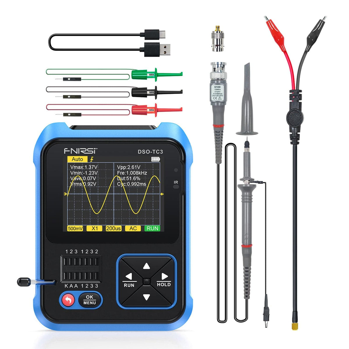 FNIRSI® DSO - TC3 3 - IN - 1 Handheld 500KHz 10MS/s Digital Oscilloscopes Signal Generator Transistor Tester - FNIRSI