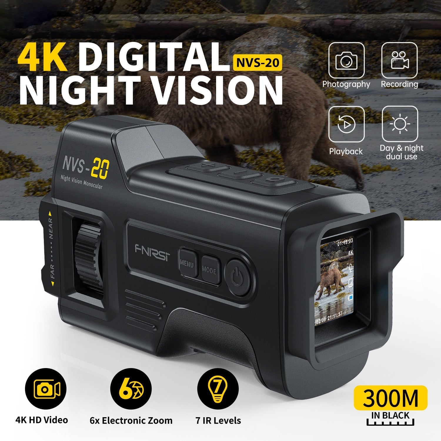 Lunettes De Vision Nocturne Numérique NVS-20 4K - Zoom 6x - Portables - Infrarouge Jusqu'à 300m - Pour Observation Extérieure
