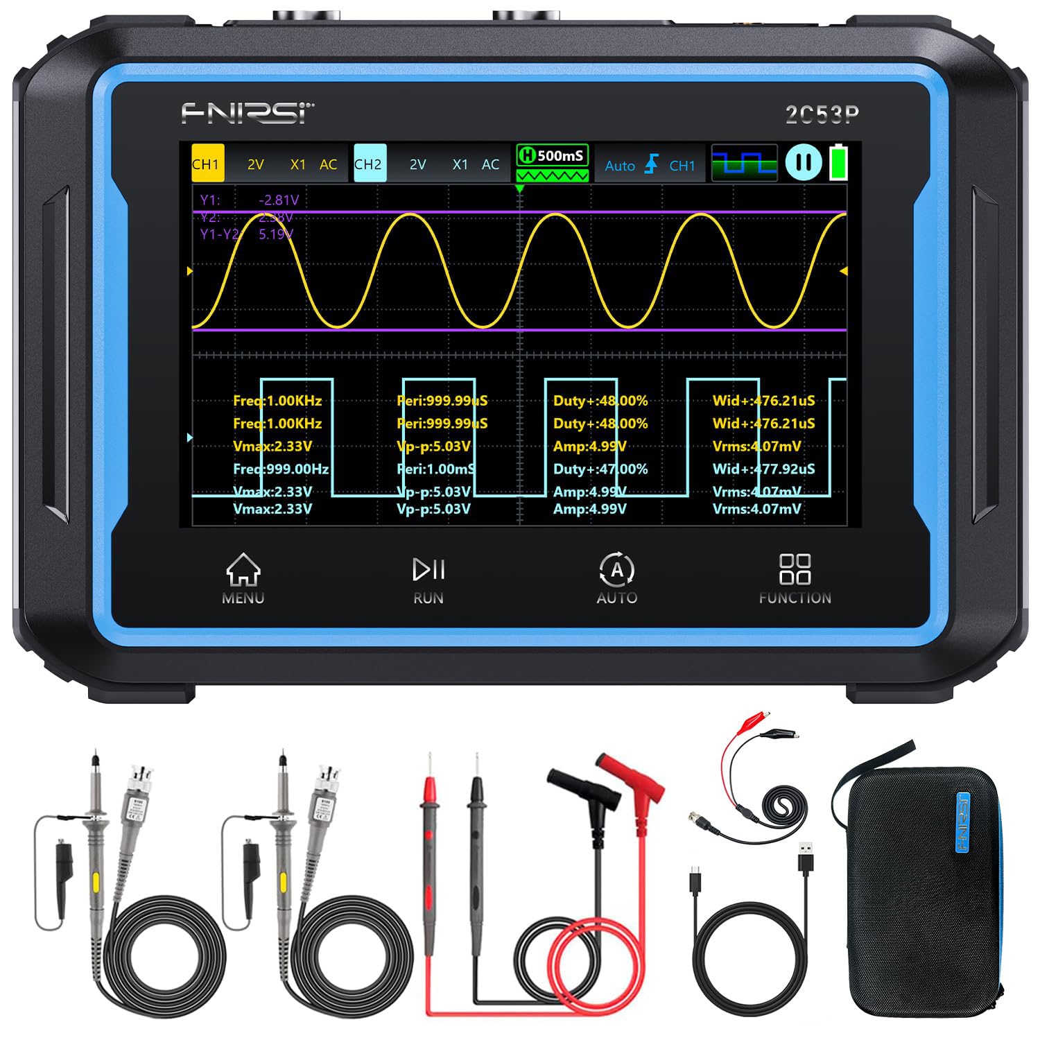 FNIRSI® 2C53P 3-en-1 50MHz 250MS/s Osciloscopio de Doble Canal Táctil de Tableta Multímetro Generador DDS