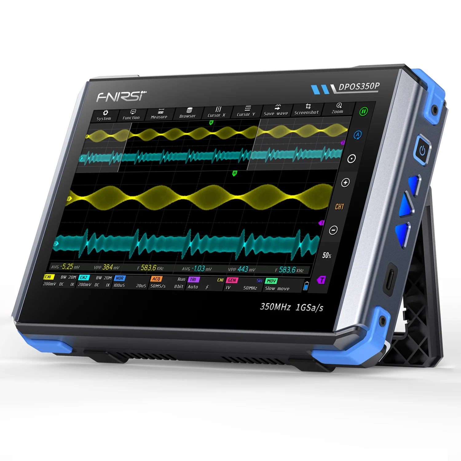 FNIRSI® DPOS350P Oscilloscopio Tablet 4-IN-1 350MHz 1GSPS Generatore di Segnali Analizzatore di Spettro Analizzatore di Risposta in Frequenza