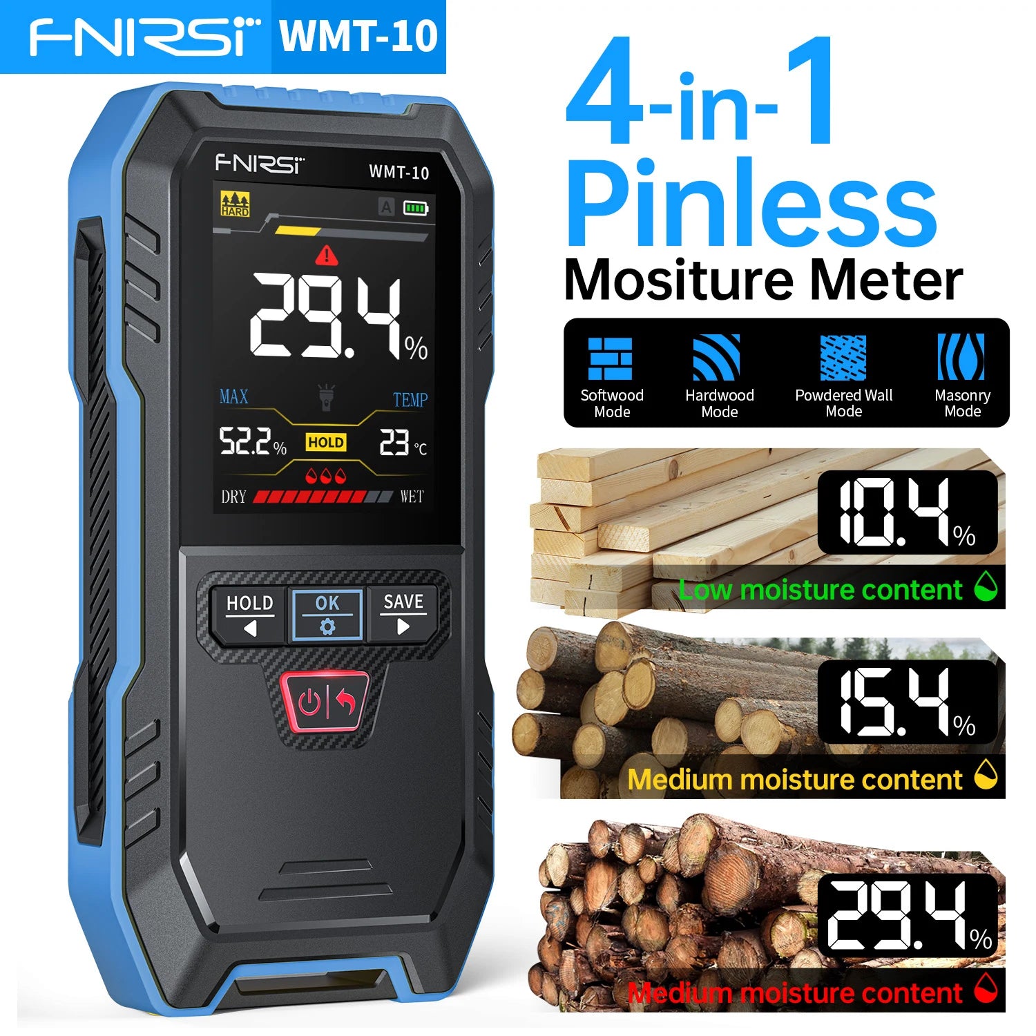 FNIRSI® WMT-10 Non-contact Inductive Wood & Wall Moisture Meter Hygrometer