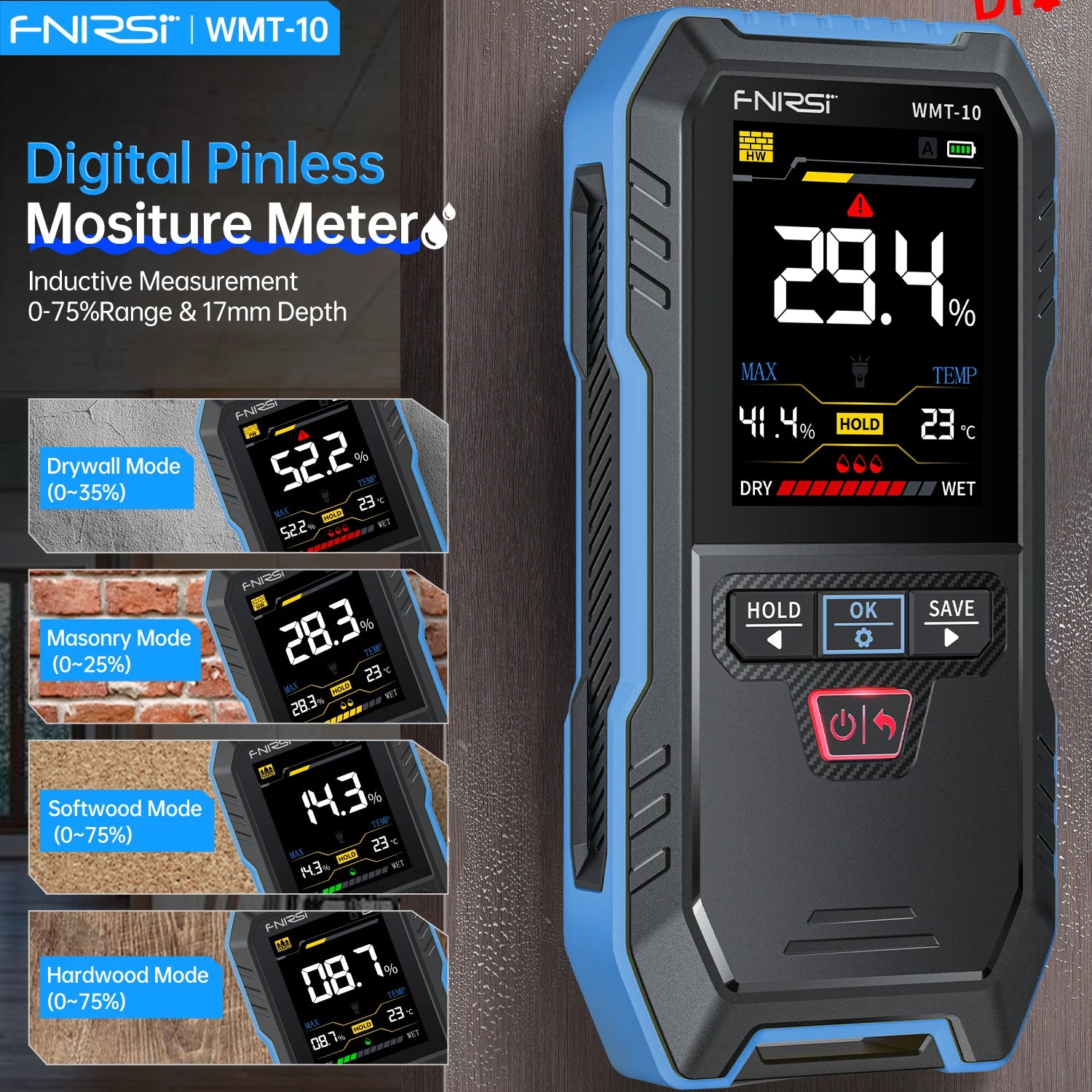 FNIRSI® WMT-10 Non-contact Inductive Wood & Wall Moisture Meter Hygrometer